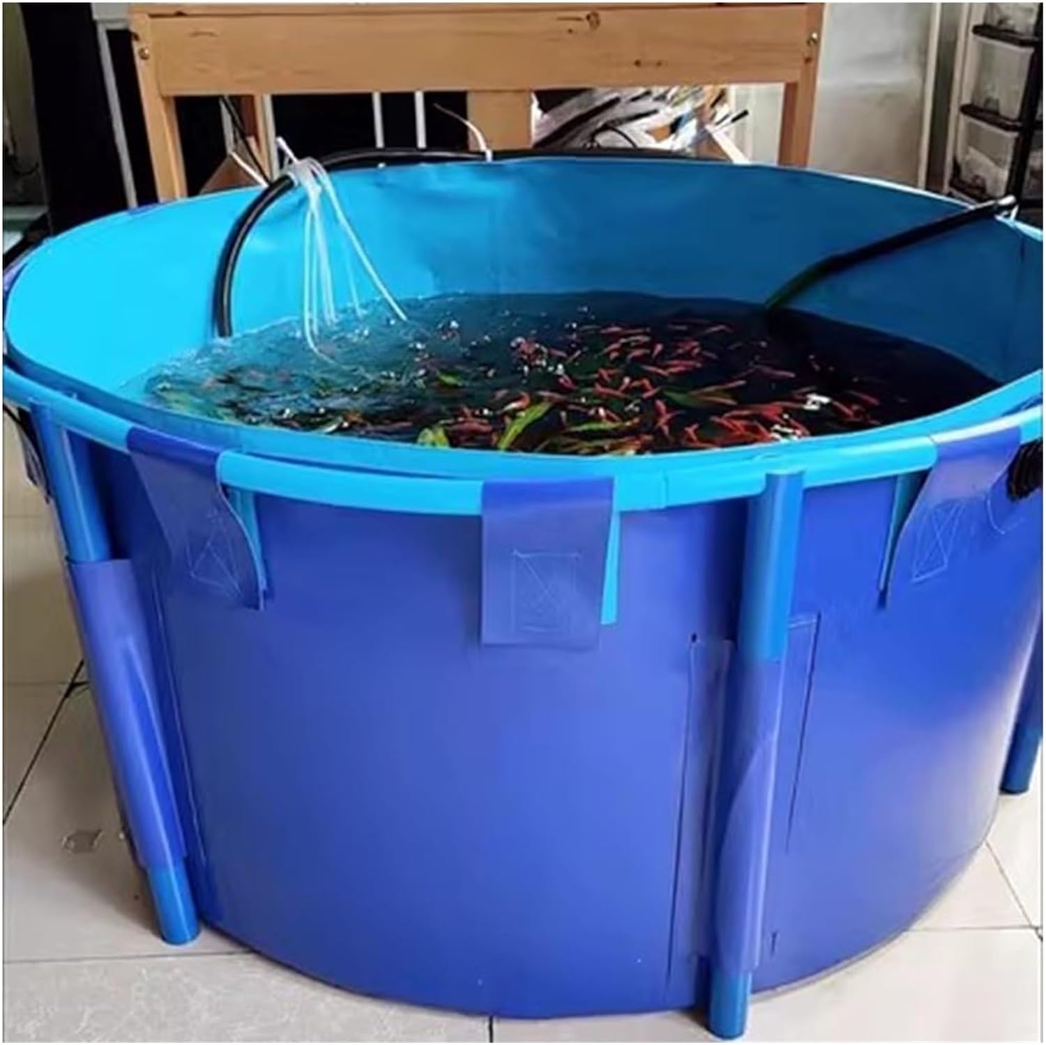 Piscina fuori terra,stagno per pesci in tela circolare ispessimento,grande stagno pieghevole in plastica resistente con staffa per irrigazione agricola di cultura koi, telaio a nastro,1350L