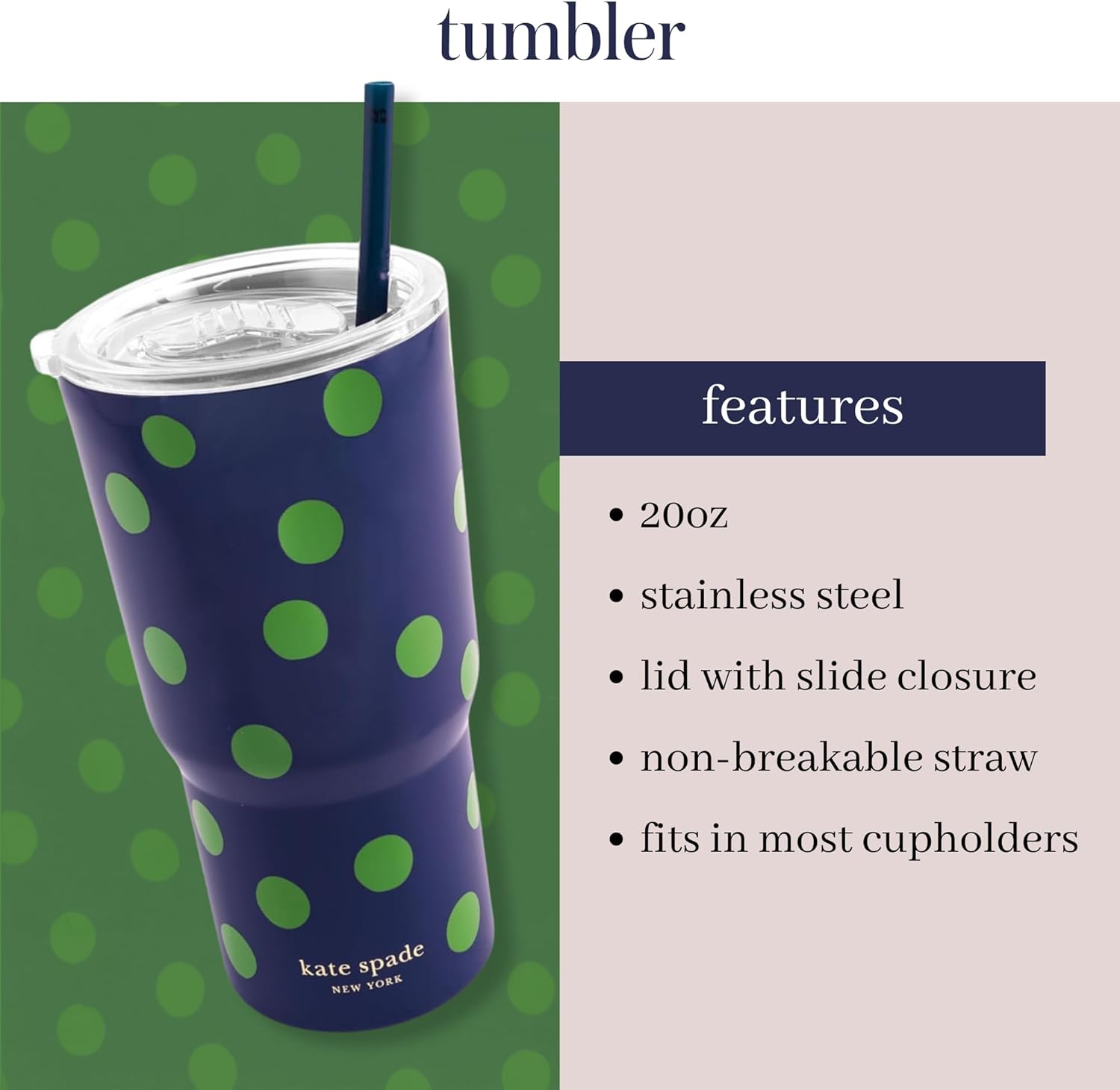 kate spade new york 20 Ounce Insulated Tumbler for Cold and Hot Drinks with Reusable Straw, Stainless Steel Travel Cup with Slide Top Lid, Sonnet Dot - Image 3