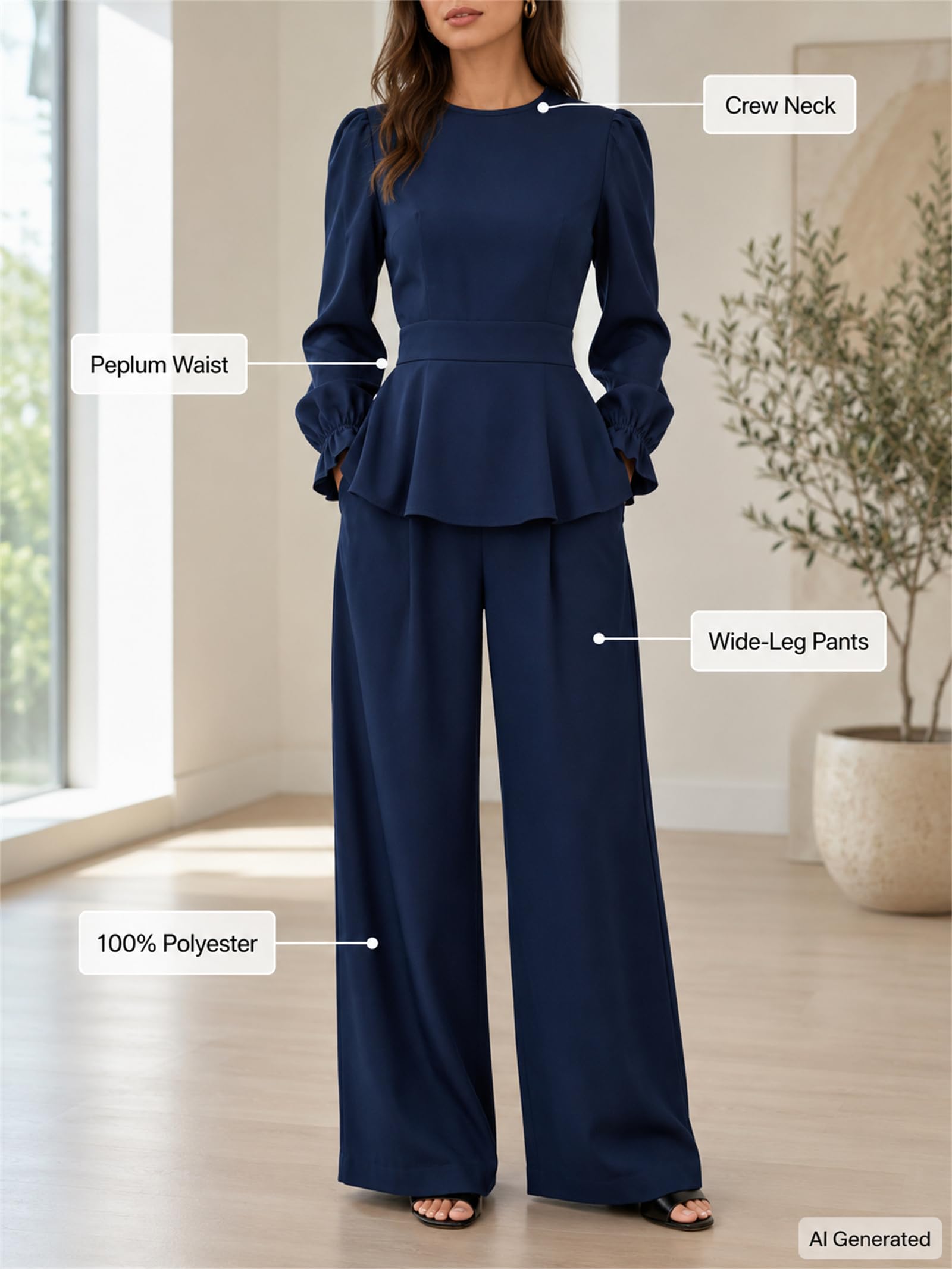 2-teiliges Outfit für Damen, langes Oberteil mit Puffärmeln und weites Bein