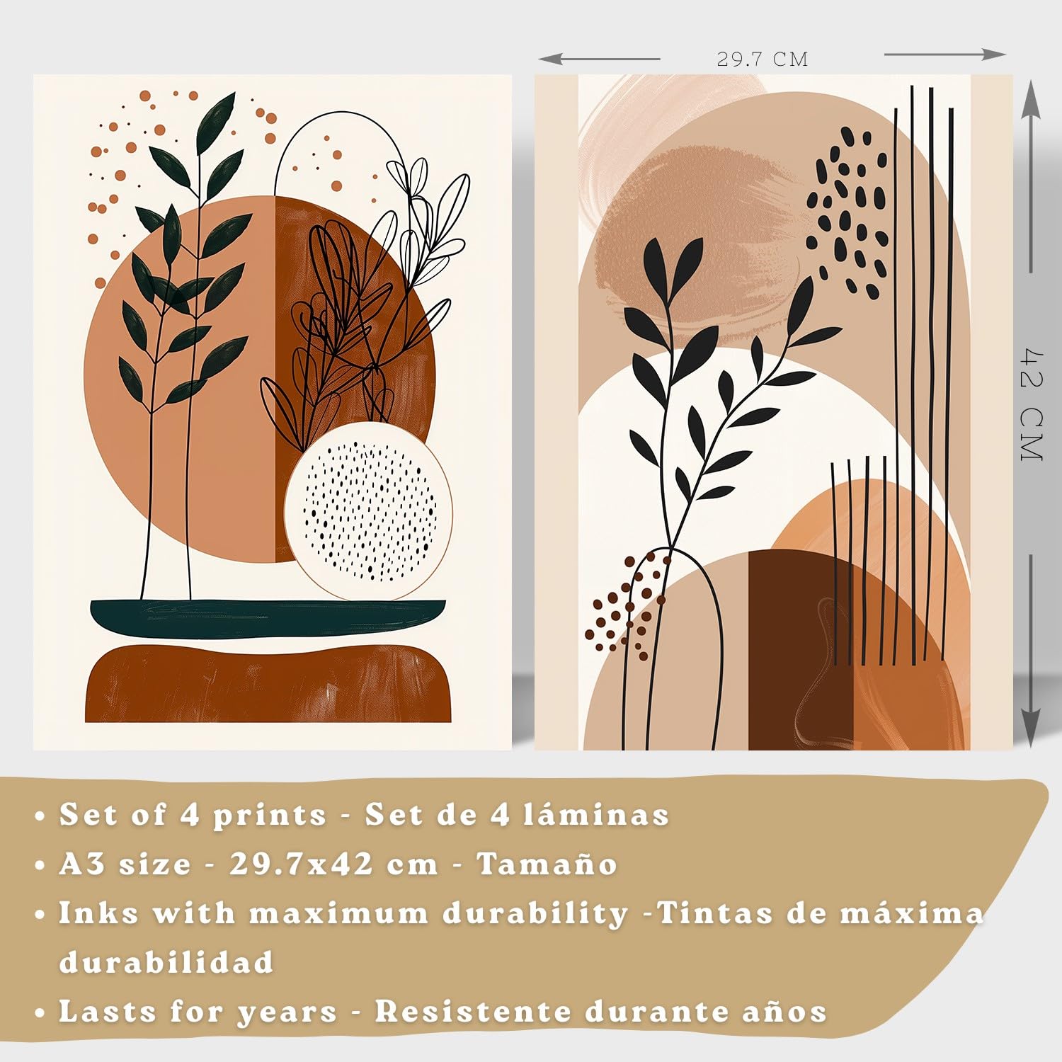 Nacnic Set De 4 Laminas Decorativas Formas Abstractas Botanicas Cuadros Salon Modernos - Posters Decorativos Plantas Marrones Decoración Dormitorios Cocina Baño A3 Marco Madera Clara