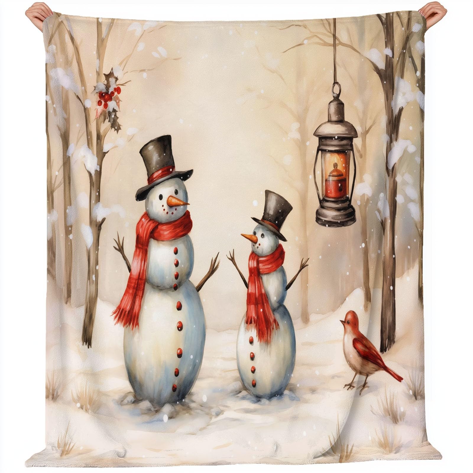 Miękki przytulny koc sherpa 180 x 220 cm, zimowy, leśny, bałwanek, lekki, puszysty koc dla dzieci dorosłych nastolatków, beżowy koc polarowy na sofę łóżko i kanapę