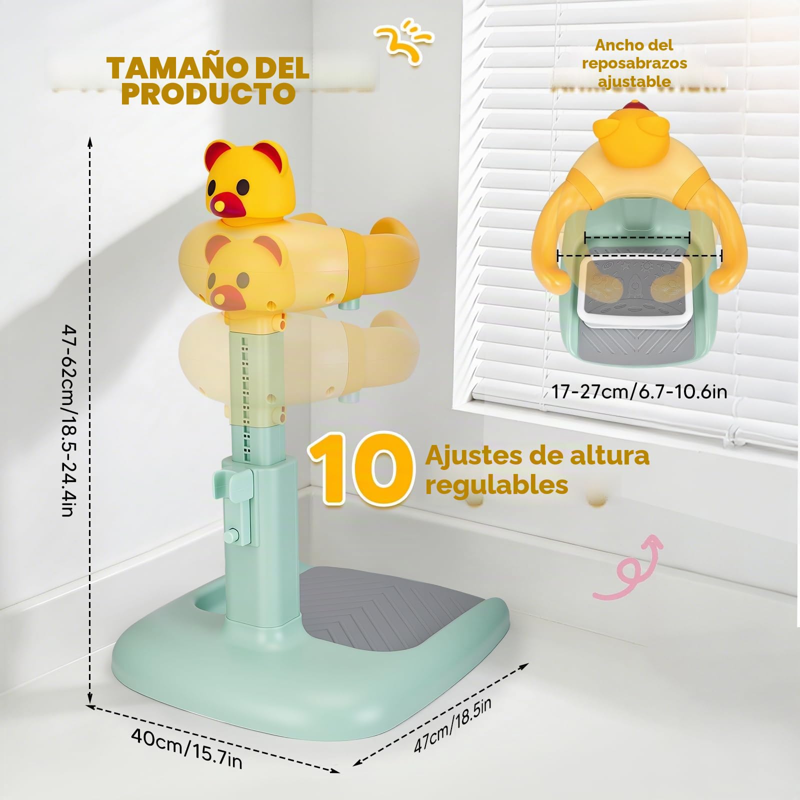 Soporte Ducha Bebé con Asiento, Ajustable y Antideslizante 6-36 Meses | ABS sin BPA, altura 47-62 cm, reposabrazos 17-27 cm, soporte para ducha, asiento y base antideslizante para baño y cuidado