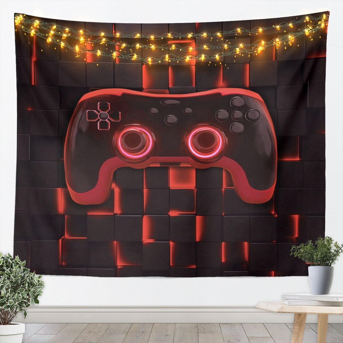 Castle Fairy 3D Gamepad Gaming Tapestry Geometric Grid Patchwork Wall Hanging Art for Boys Girls Adults Room Decor Video Game Wall Blanket Red Black Porch Hangings,70.9x92.5