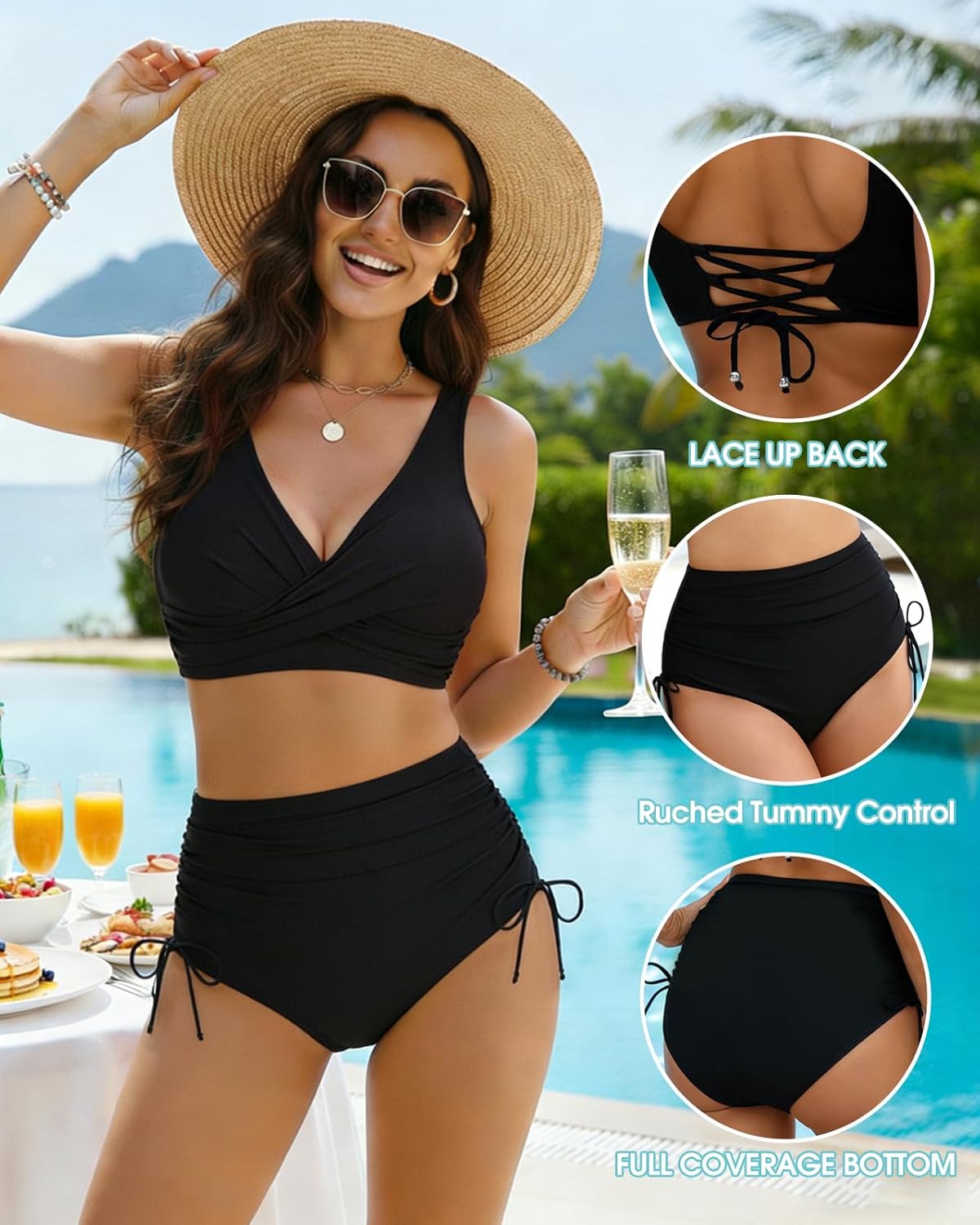 Women's High Waisted Bikini Sets V Neck Wrap Front Two Piece Swimsuits Tummy Control Ruched Bathing Suits - Image 6