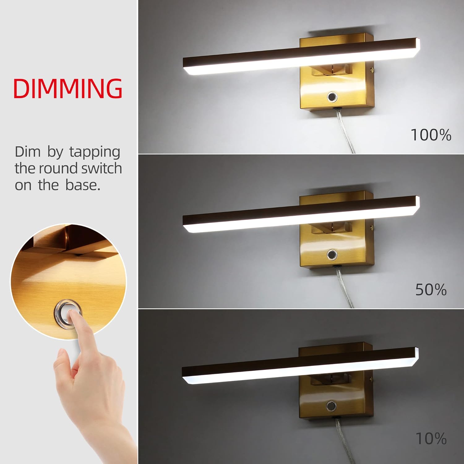 MantoLite Bathroom Lighting Fixtures Over Mirror,Plug in LED Picture Lights for Wall Dimmable Bathroom Vanity Light 15inch Cabinet Wall Sconces with Ajustable Arm Bedside Reading Lamp,Brass,6000K 8W