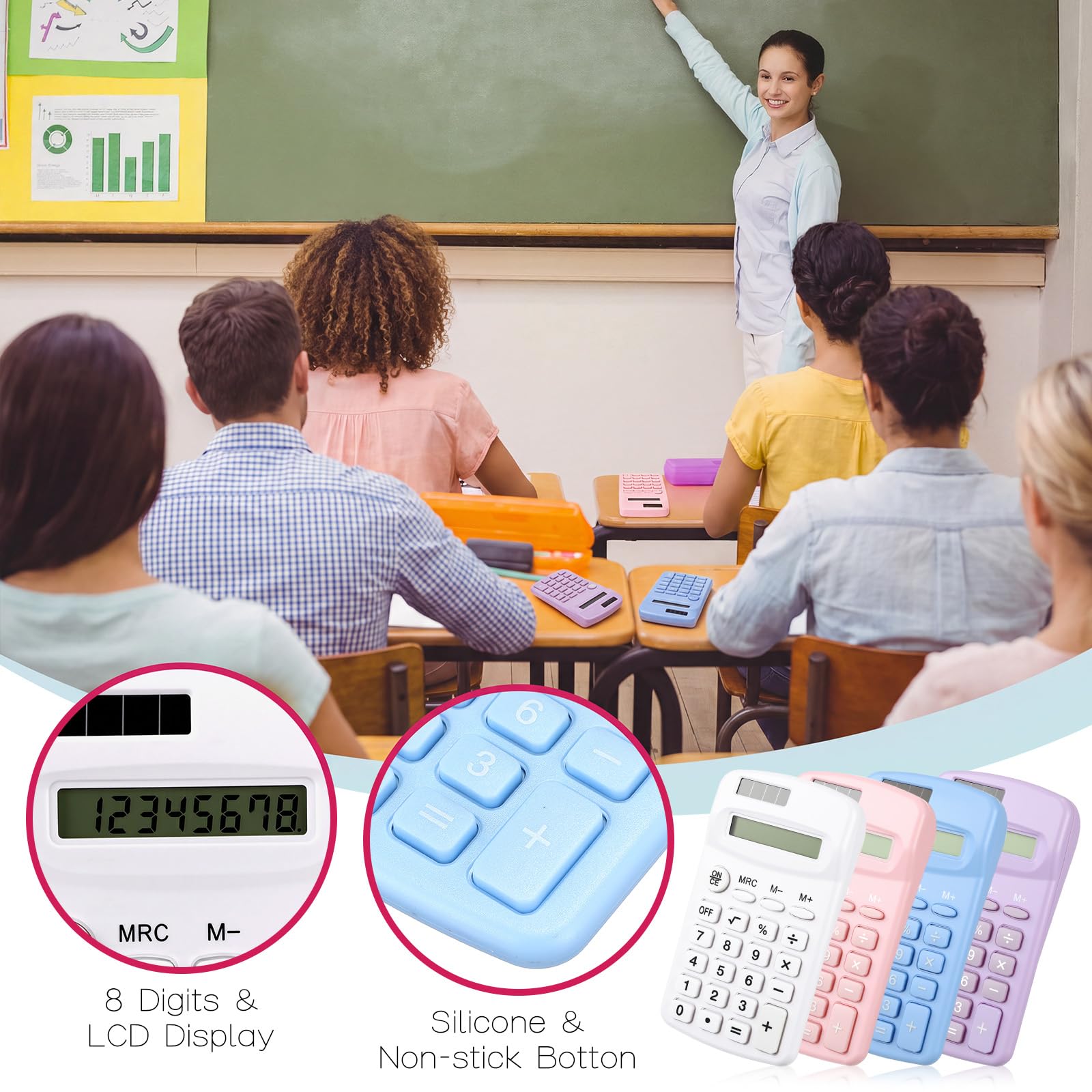 Chumia Lot de 50 petites calculatrices de poche basiques à 4 fonctions alimentées par piles pour enfants, étudiants, bureau, école primaire, maison et bureau (macarons)