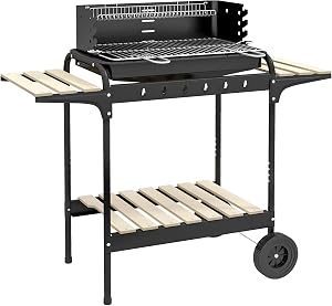 Outsunny Portable Outdoor Charcoal BBQ Grill with Adjustable Grill Height, Barbecue Trolley with Ash Catcher and Wheels for Outdoor Garden Party Cooking, Black