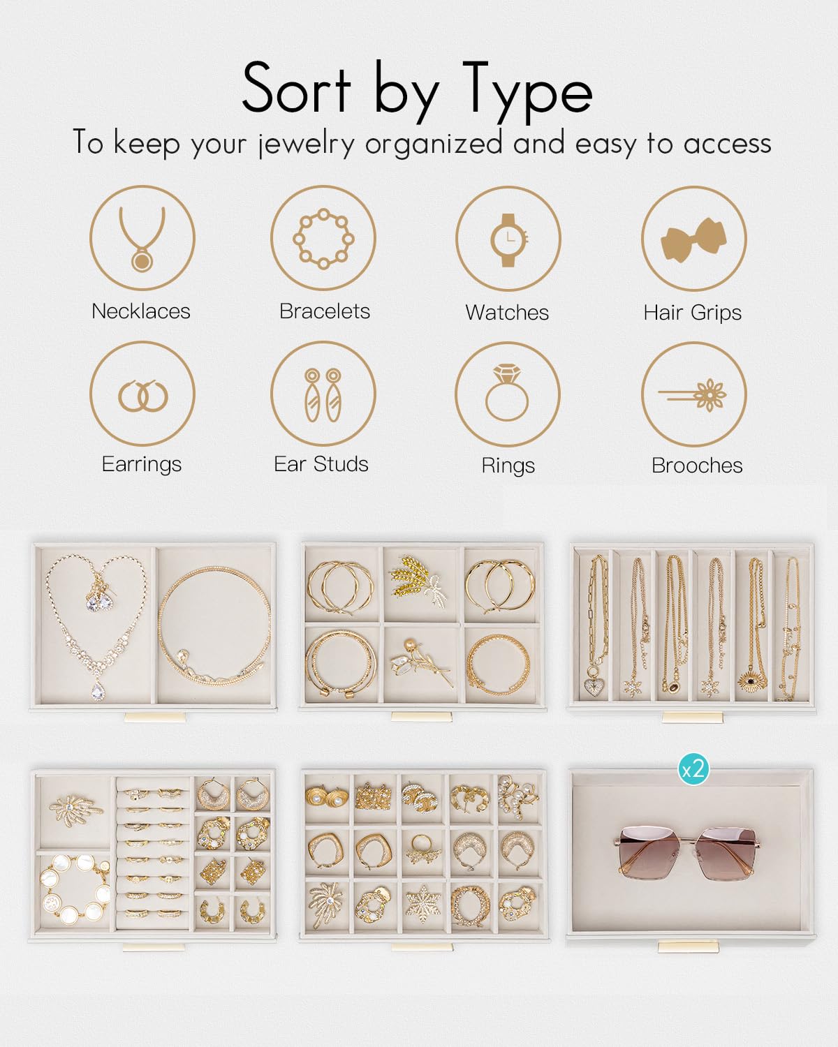VLANDO Boîte à bijoux à 7 niveaux, boîte à bijoux, rangement de bijoux, organiseur de bijoux avec couvercle en verre, pour colliers, boucles d'oreilles, montres, bracelets, moderne, beige