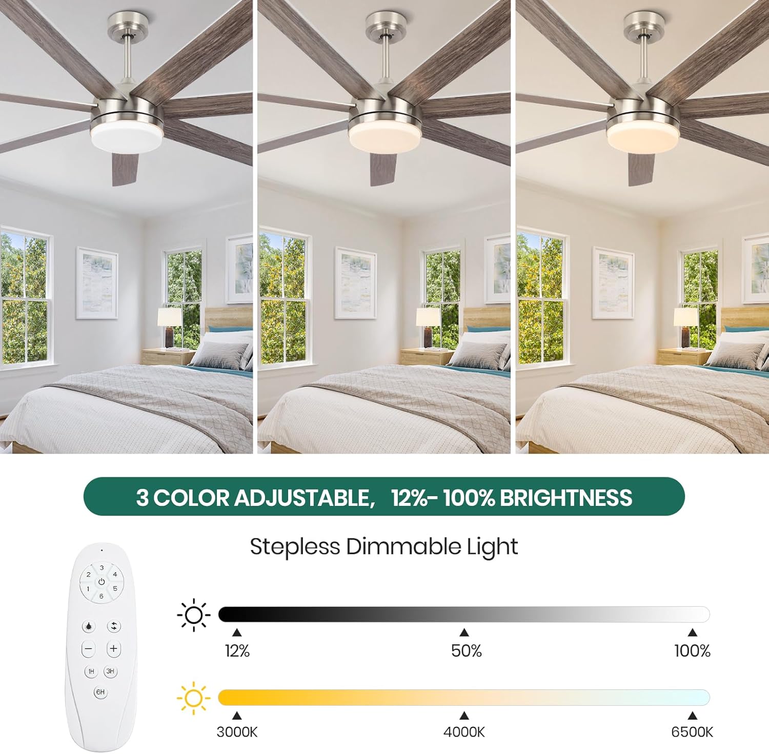62 Inch Ceiling Fan with Lights, Outdoor Modern Nickel Ceiling Fan with Light 7 Reversible Blades,Dimmable, 12" Downrods for Bedroom Living Room Patio