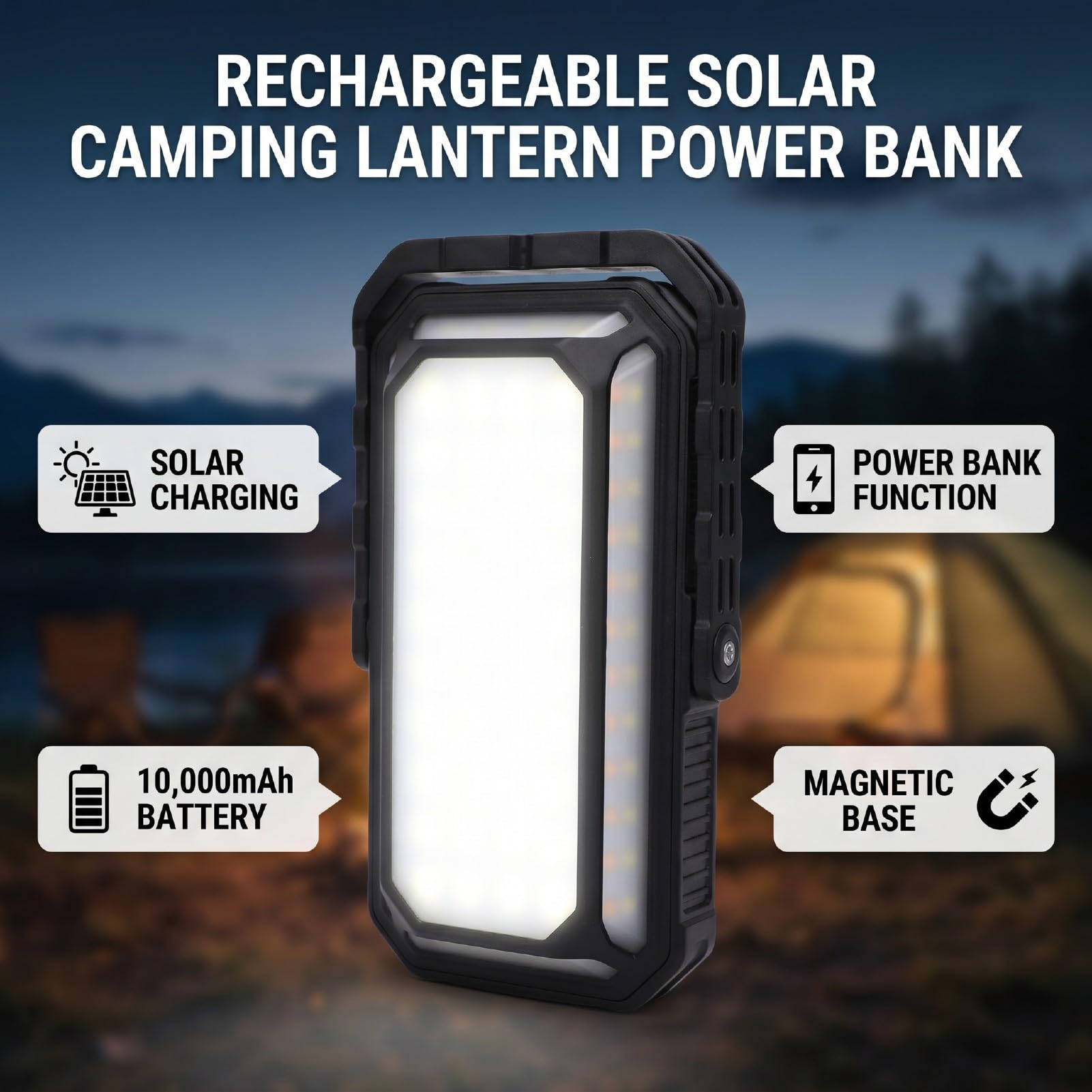 Hyuduo Lanterna da Campeggio Ad Energia Solare Ricaricabile da 10000 MAh | Lanterna di emergenza con display di tipo C, ricarica USB e supporto magnetico per escursionismo all'aperto, pesca, Power