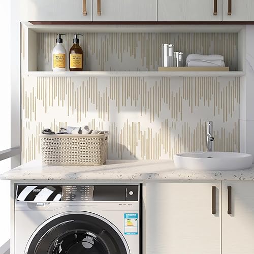 Miniatura 6 de WENMER Papel tapiz a rayas beige, papel tapiz geométrico para despegar y pegar, papel de contacto dorado de 17.7 x 118 pulgadas, papel de pared