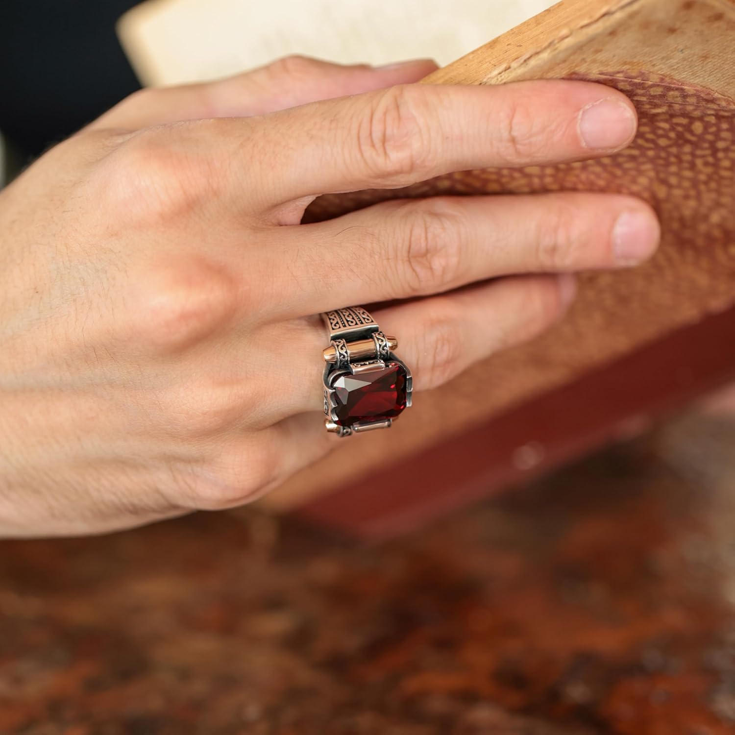 Genuine Solid 925 Sterling Silver Ring for Men, Accented with Bronze, Faceted Simulated Red Ruby Stone, Vintage Turkish Ottoman Style