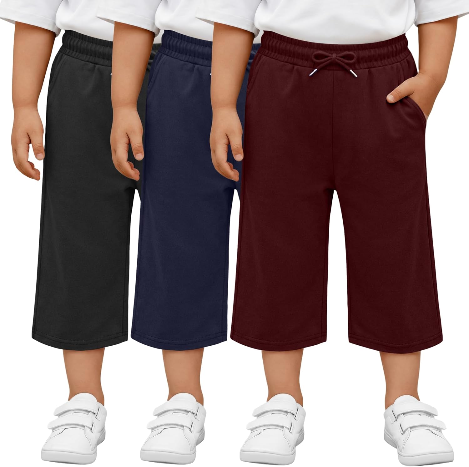 3 Pack Toddler Boys Capri Pants Loose Wide Leg Cropped Pants Kids Drawstring Sweatpants with Pockets 18M-6Y