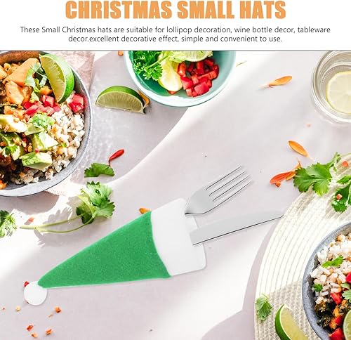 Miniatura 4 de Angoily 10 piezas de mini sombreros de Papá Noel de Navidad, soportes para cubiertos con bolsillos, tapas de botellas de vino, tapas de piruleta