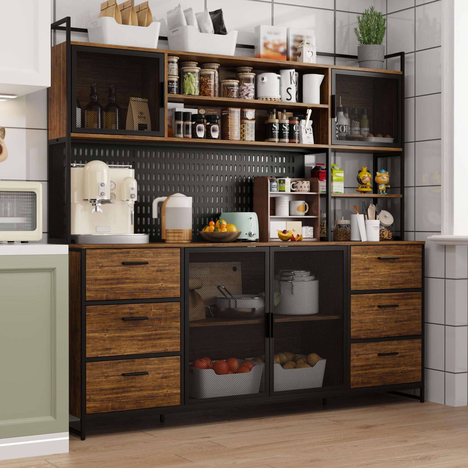 AIEGLE Large Kitchen Hutch Pantry Cabinet, Storage Kitchen Pantry in Metal Frame, Storage Cupboard with Metal Mesh Door, 6 Drawer & Microwave Shelf, for Kitchen Living Room, Brown 70.9" Wide