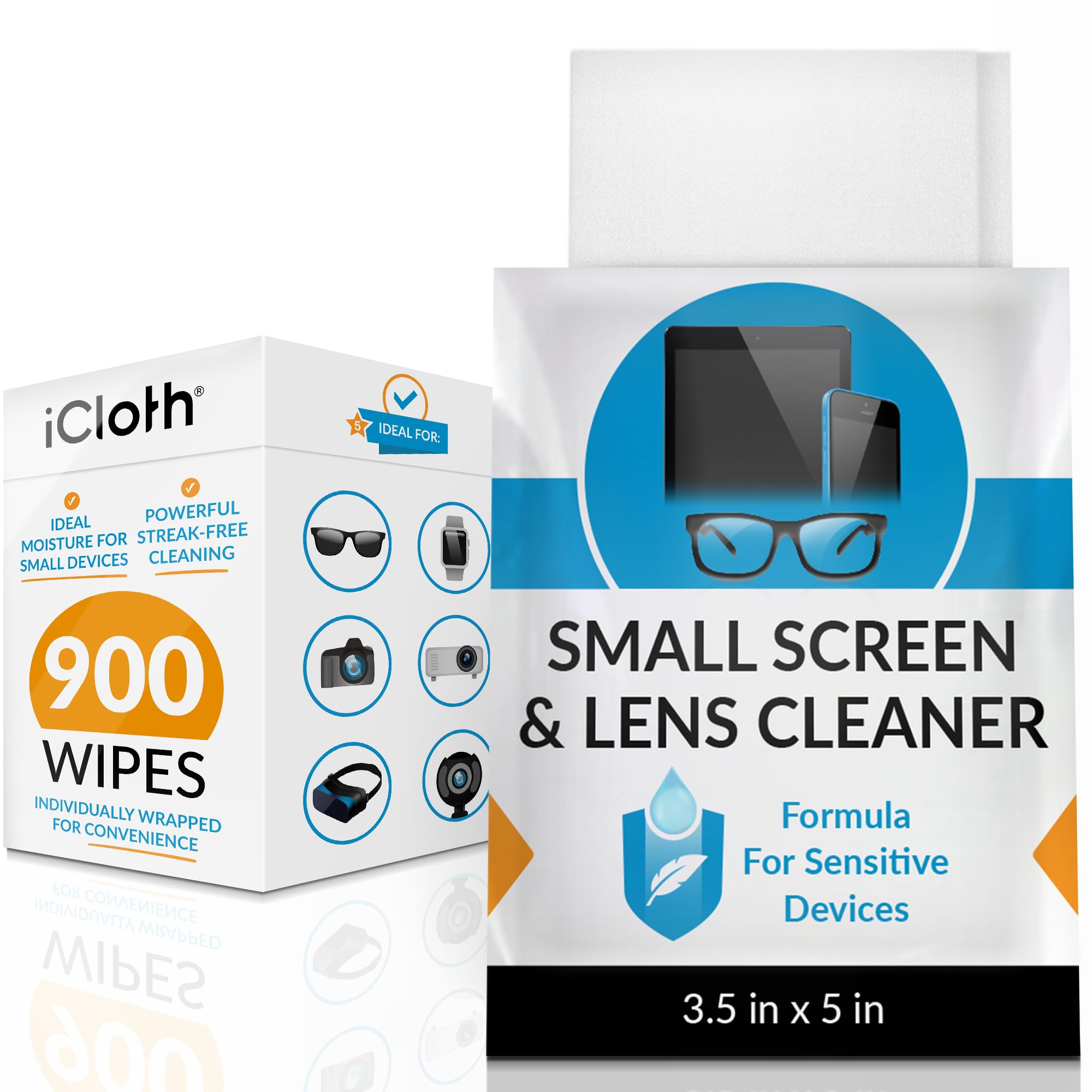 iCloth Lens Cleaning Wipes Safe for All Screens, Electronics & Glasses. Streak & Lint Free, Individually Wrapped, 1 Wipe Can Clean Camera, Smartphone, and Pair of Glasses (900 Wipes)