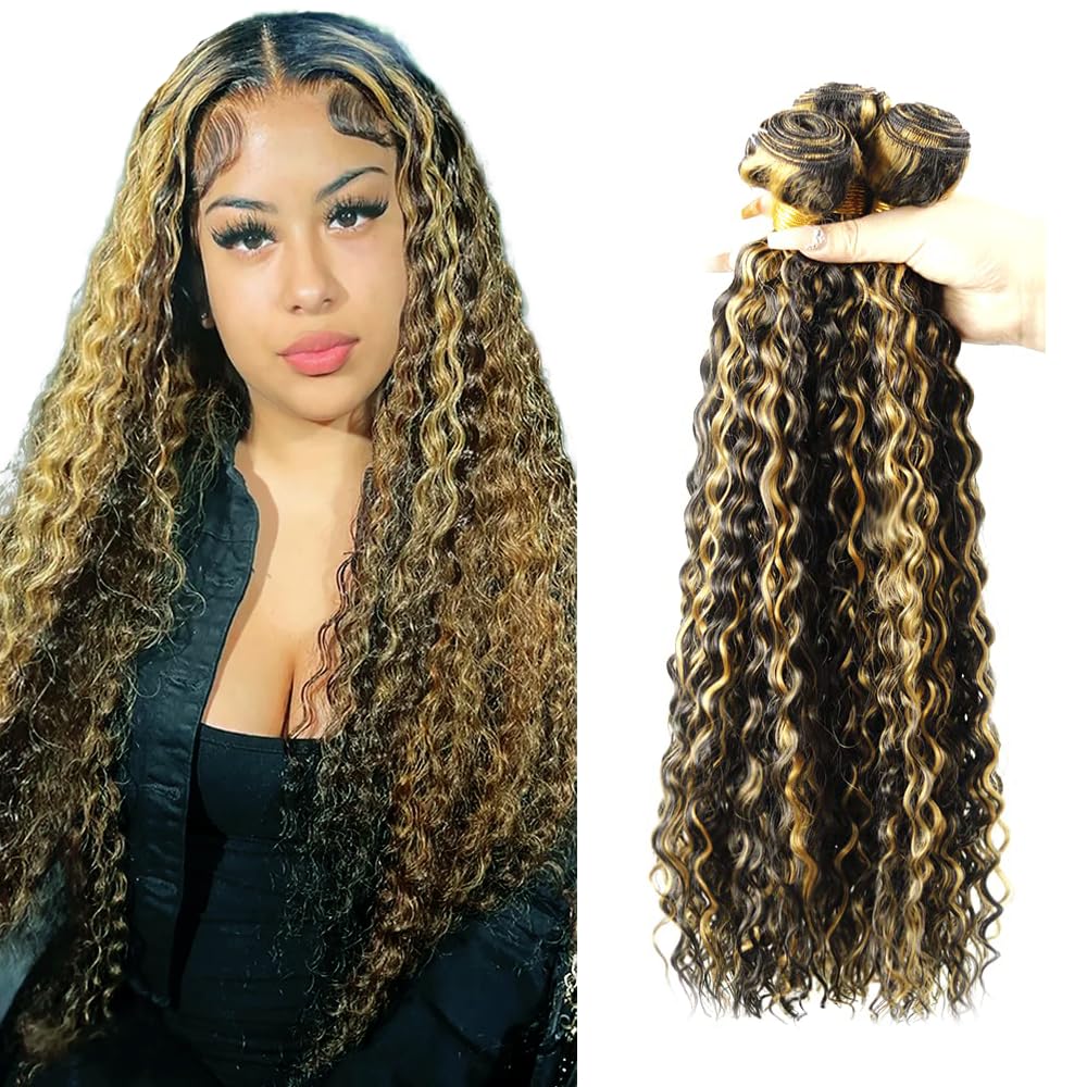 Niciitysi P1B27 Kinkycurly Bundles Human Hair 24 26 28 inch Double Weft Brazilian Hair Extensions Ombre Two Tone Black and Honey Blonde Curly Wave