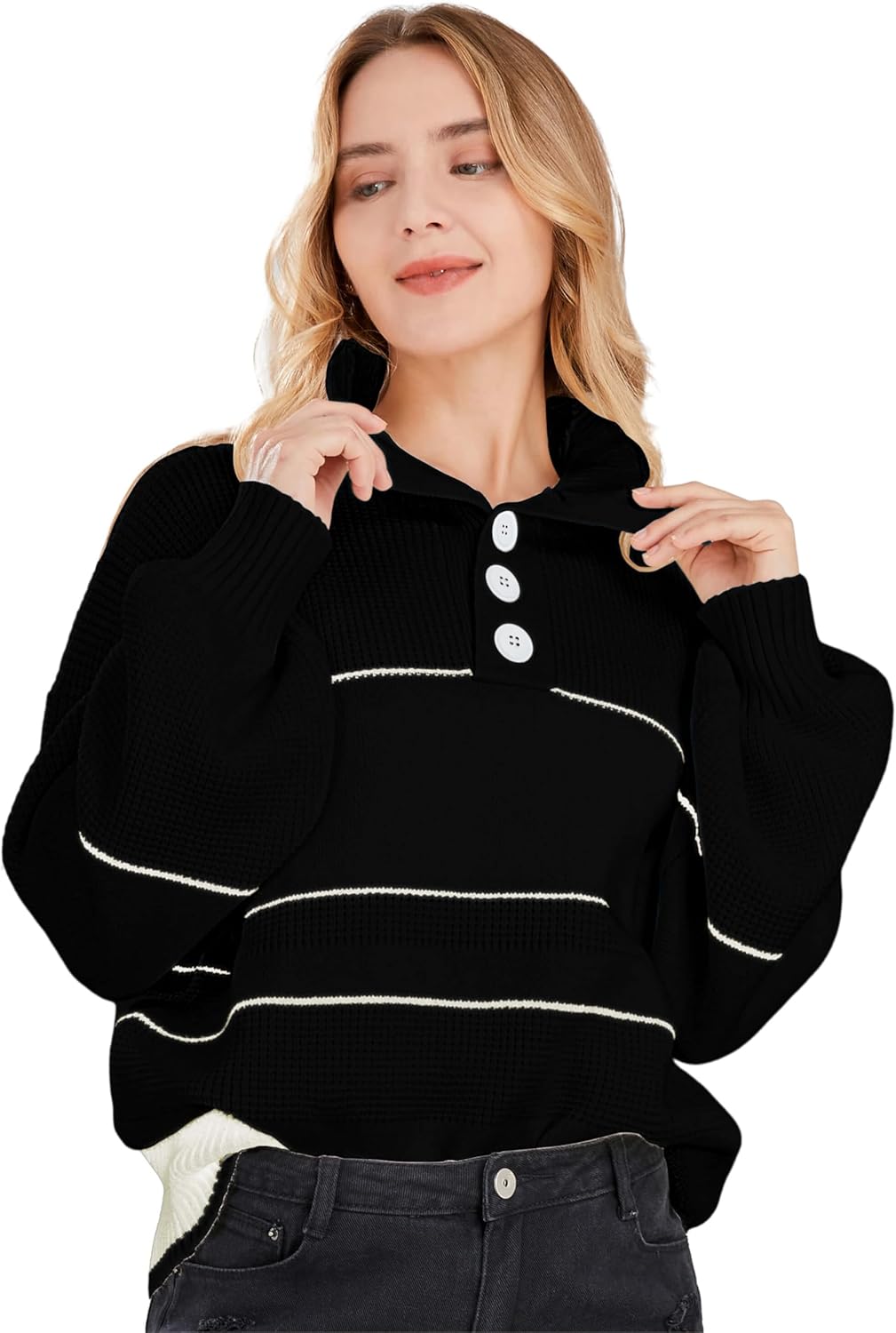 CHARTOU Women's Waffle Knit Knitwear Slouchy Striped Polo Collared Long Sleeve Pullover Sweater Tops - Image 3