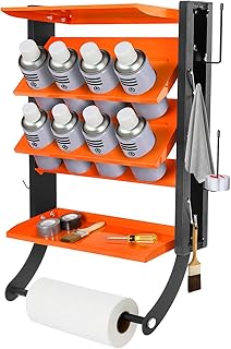2-Tier Spray Paint Can Holder Rack Wall-Mount, Heavy Duty Spray Bottle Lube Can Organizer, 8 Can Storage Rack with Paper Towel Rod, Ideal for Garage/Workshop/Home,Orange