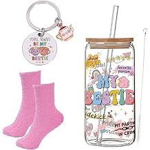 3 Pcs Best Friend Birthday Gifts for Women, Cute Bestie Friendship Gifts for Women, Glass Cup Keychain Stockings Gift Set for Female Friend Sister Coworker Birthday Party Supplies
