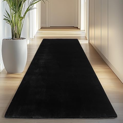 Carpettex Läufer Teppich Schwarz 80x250 cm- Kurzflor Teppich Waschbar, rutschfest, Weich & Pflegeleicht, Modernes Einfarbiges Design für Schlafzimmer, Küche & Flur