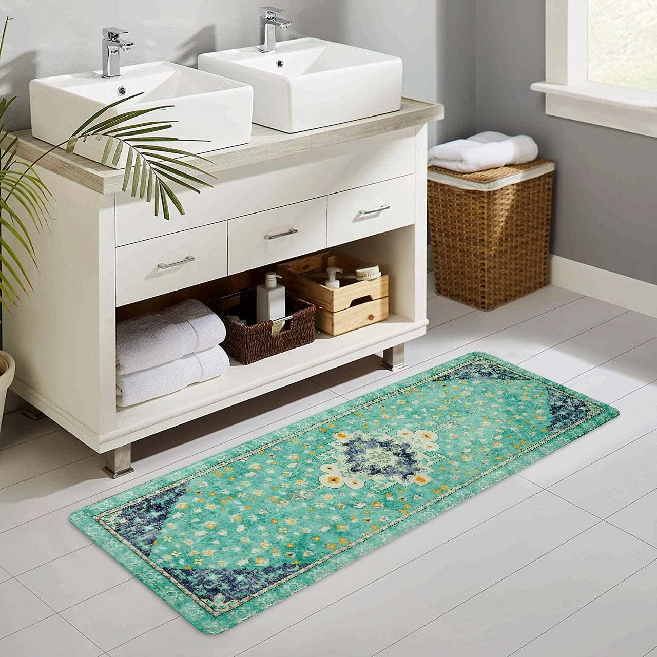 Uphome Boho Vintage Bathroom Runner Rug Green Non-Slip Soft Long Bathroom Rugs Machine Washable Oriental Bath Mat Traditional Tribal Floral Floor Mats for Sink Shower Bathtub, 18x47 inch
