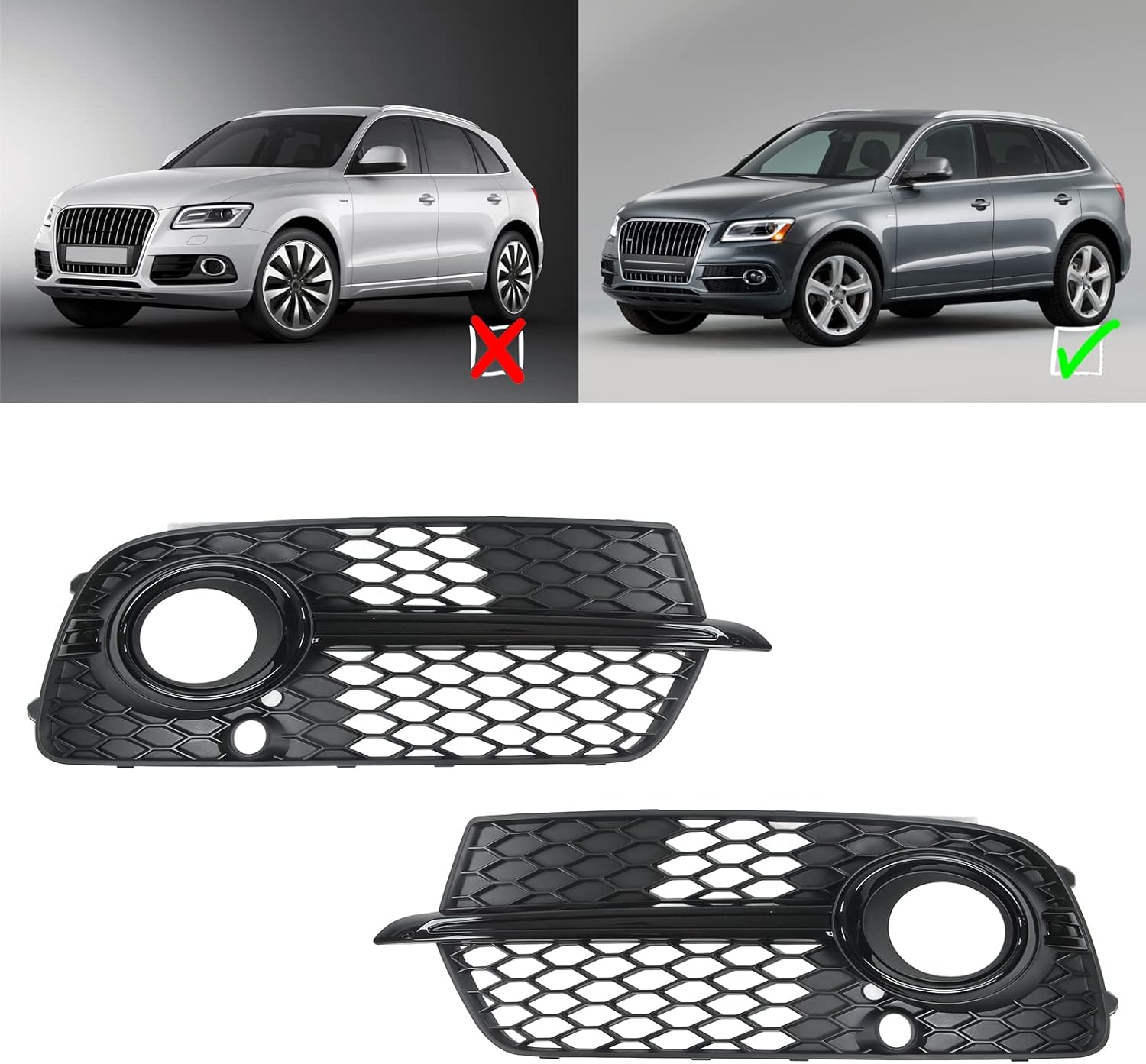 Front Bumper Fog Light Grille, 2 Pcs Gloss Black Front Left Right Bumper Fog Light Lamp Grill Grille Cover Trim Honeycomb Mesh Vent Grille Replacement for Q5 SQ5 2013‑2017