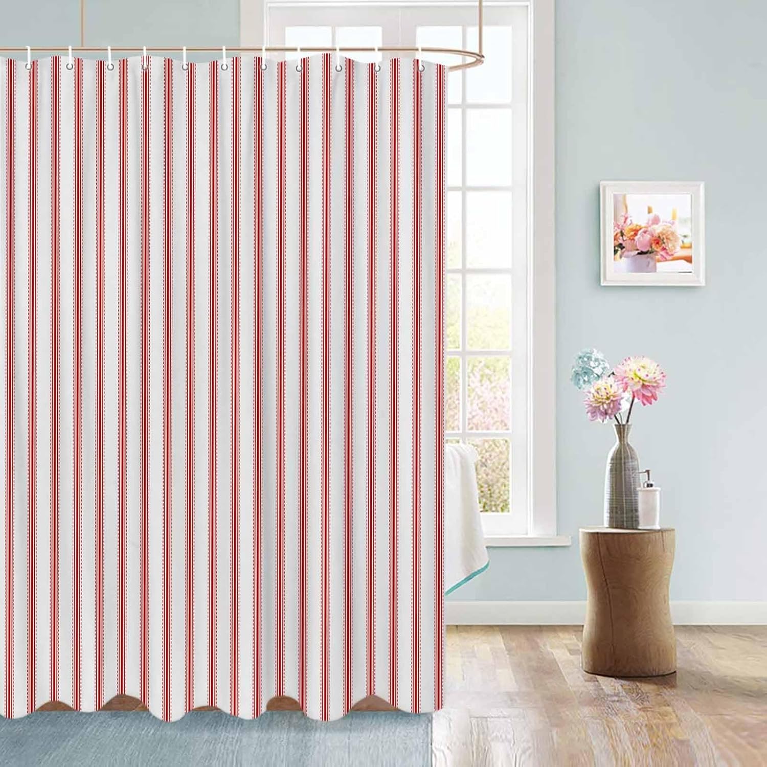 Red Striped Shower Curtain with 12 Hooks Red White Stripes Farmhouse Waterproof Fabric Shower Curtains Sets for Bathroom Bath Decorations, Machine Washable, 60"x72"
