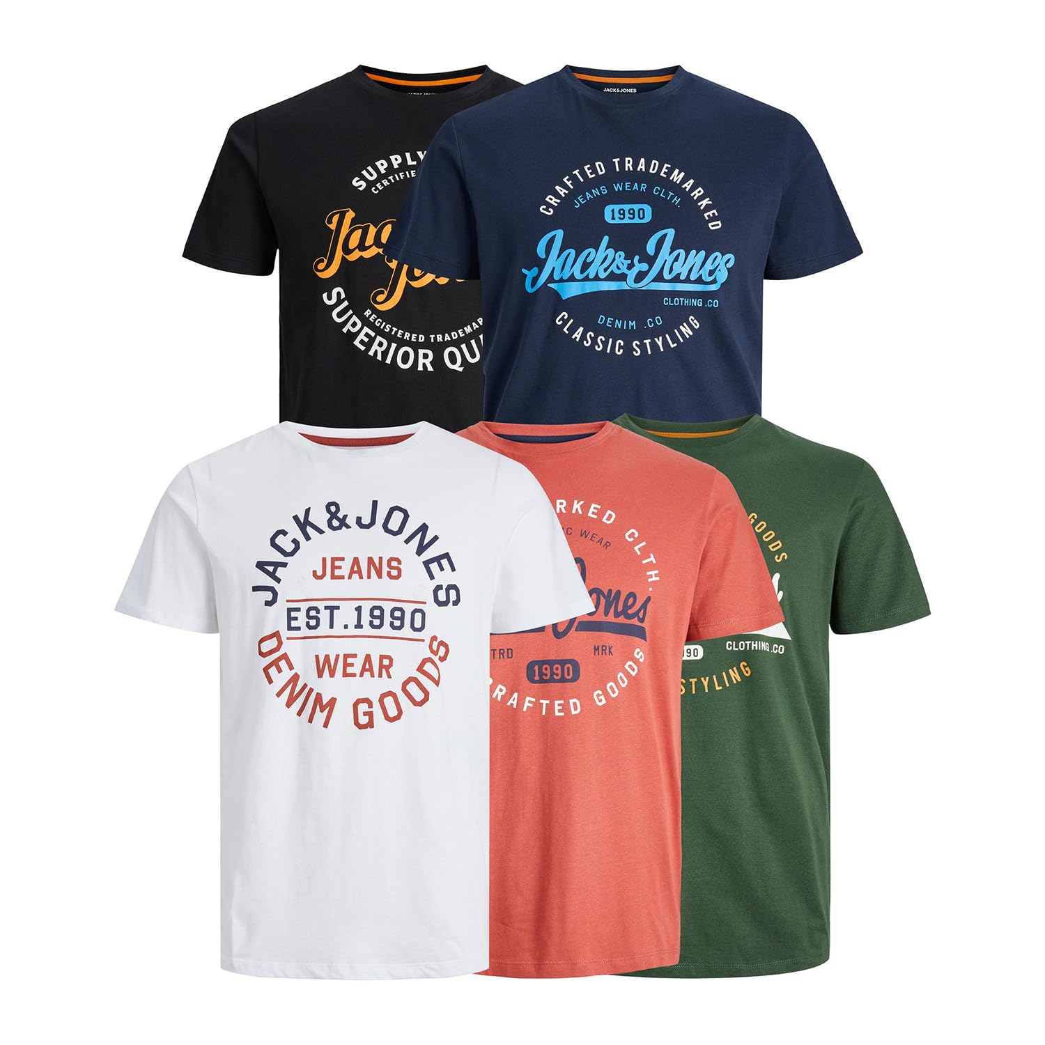 JACK & JONES Mens T-Shirt Multipack 5pcs Short Sleeve Classic Regular Fit Mens Fashion T-Shirt Pull On Crew Neck Casual Wear T-Shirt for Men, Navy Blazer