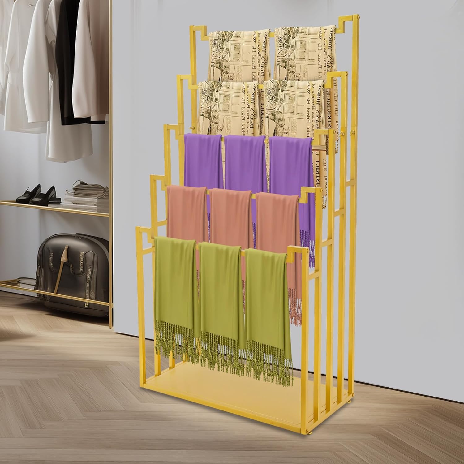 Metal Scarf Display Stand, 5 Tier Ladder-Shaped Scarf Rack for Boutique Gold Floor Standing Silk Scarves Hanger Freestanding Shawls Holder for Home & Commercial