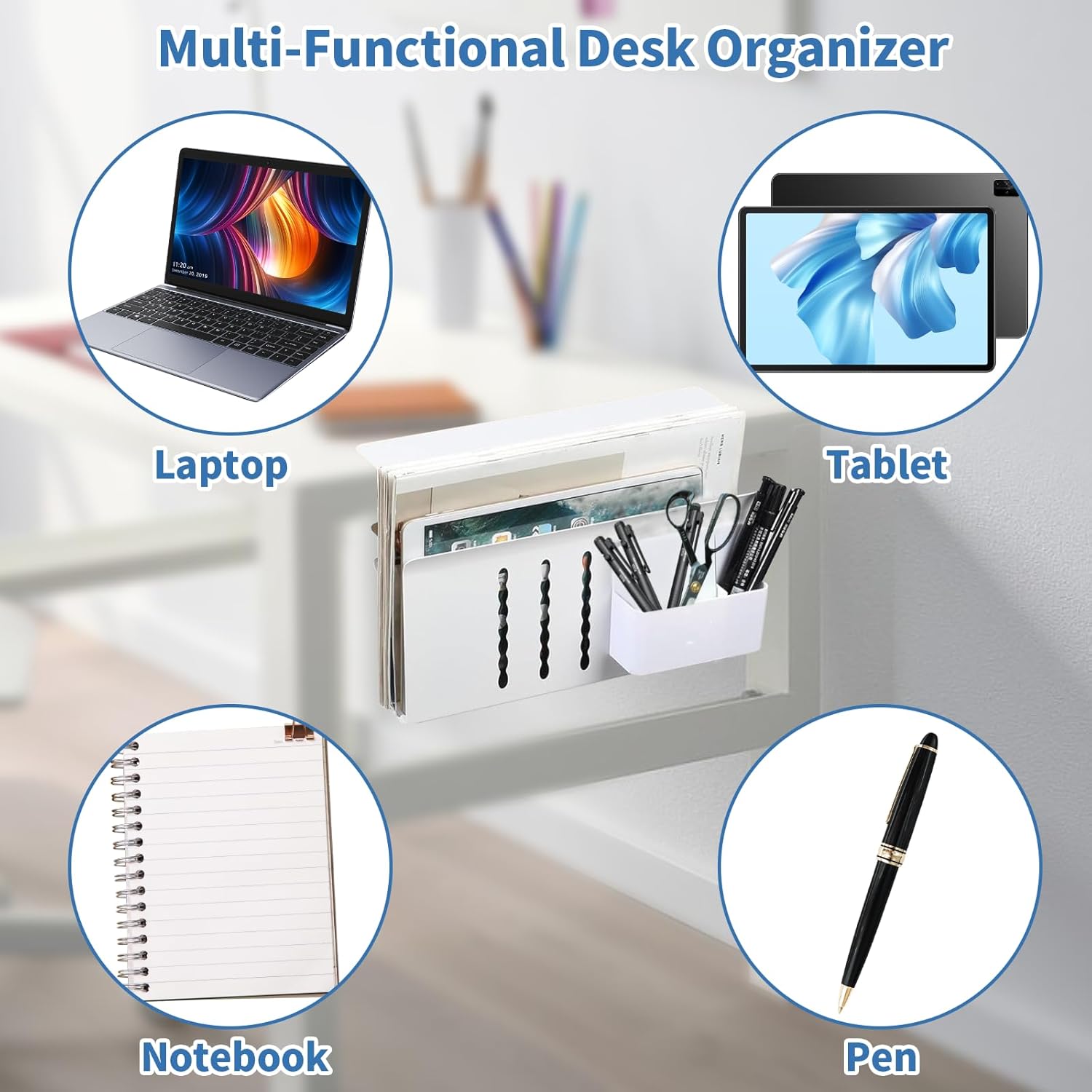 Desk Side Storage, Desk Laptop Holder with Magnetic Pen Holder, No Drill Desk Side Organizer for Office and Home Fits Flat Edge 0.3" to 2.3"