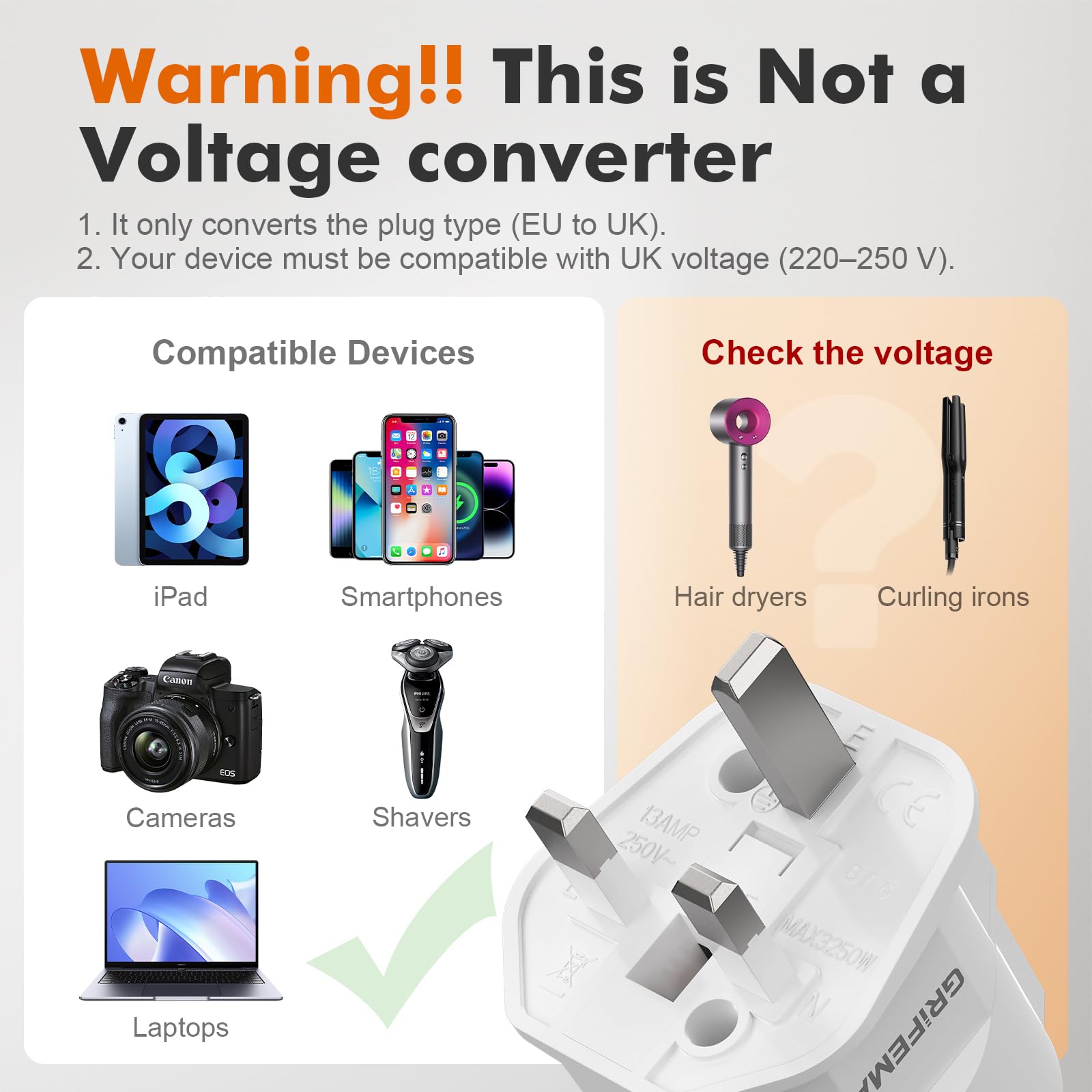 GRIFEMA Adapter z wtyczką angielską z bezpiecznikiem 13A, adapter podróżny z Francji na UK typ G dla Londynu, Anglii, Irlandii, Dubaju, 2-pinowy konwerter z Europy na 3-pinowy UK, zestaw 2 szt