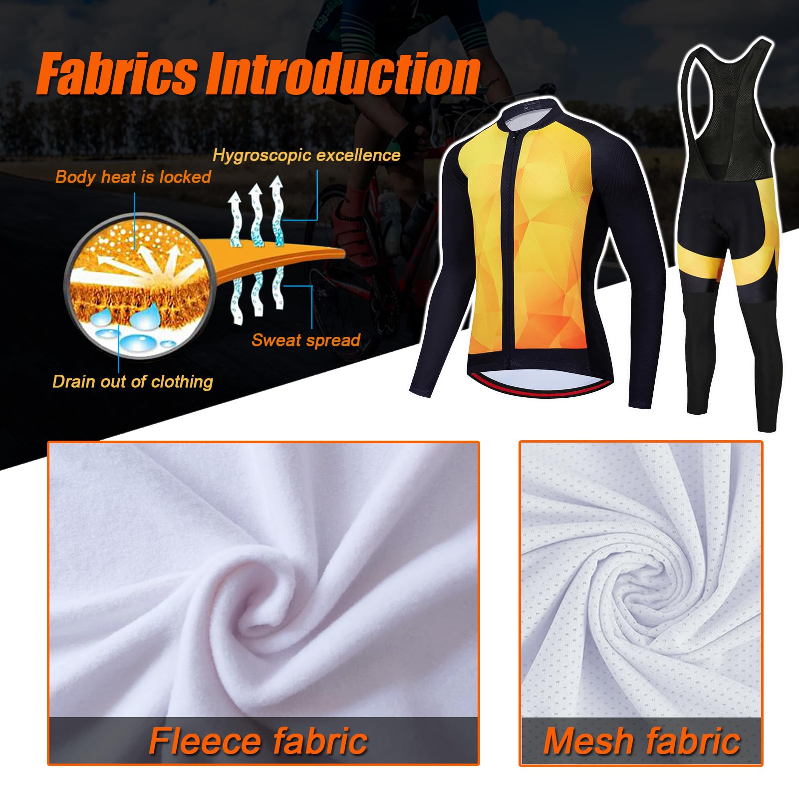 Ropa Ciclismo Hombre Conjunto Bici MTB Invierno Maillot Ciclista Polar Térmico,Traje Bicicleta Chaquetas Ciclo Manga Larga y Pantalones Tirantes con 19D Gel Acolchado,Completa BTT Jerseys Transpirable