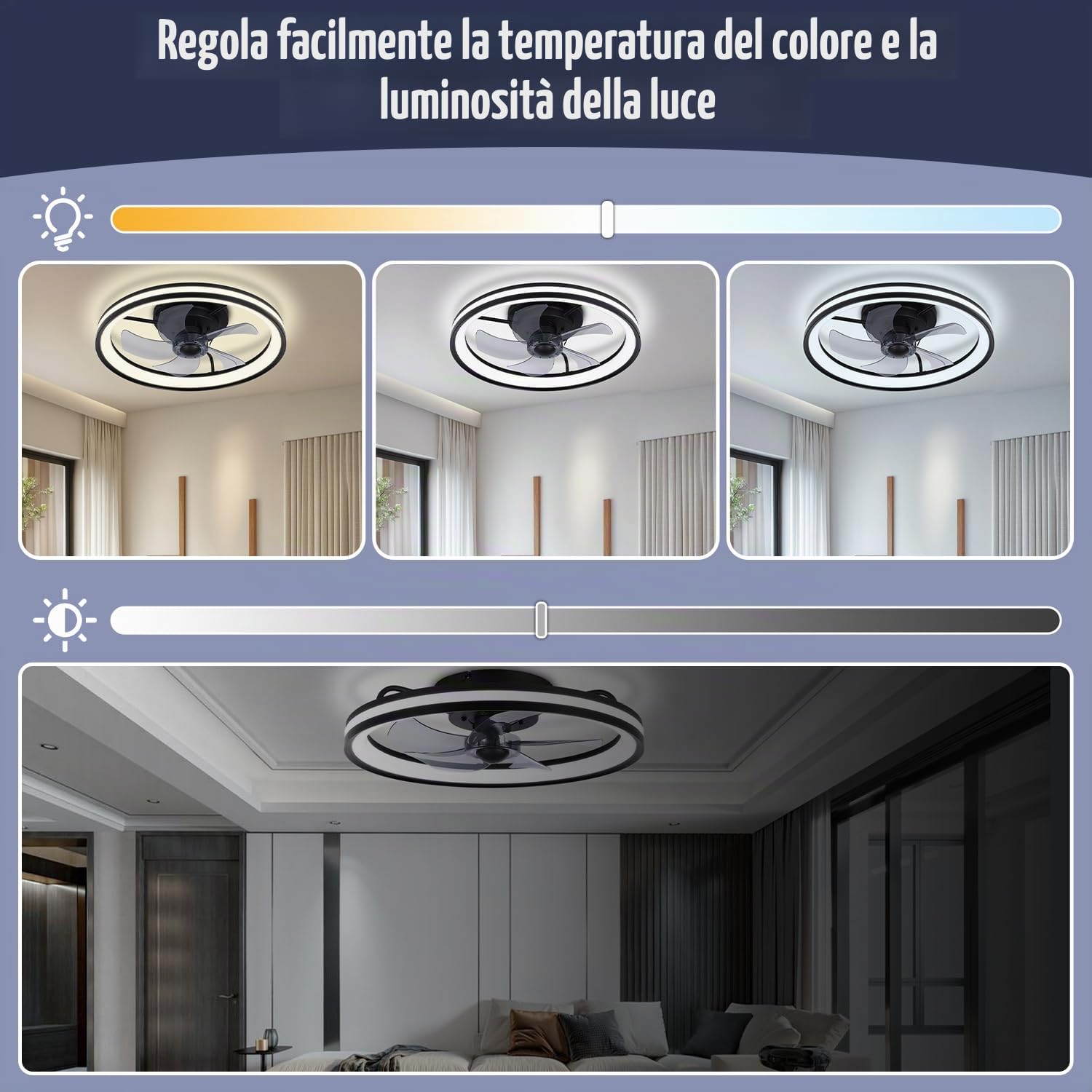 Ventilatore da soffitto con luce Ø50cm, telecomando, 6 velocità, 3 colori dimmerabili, modalità estate-inverno, timer