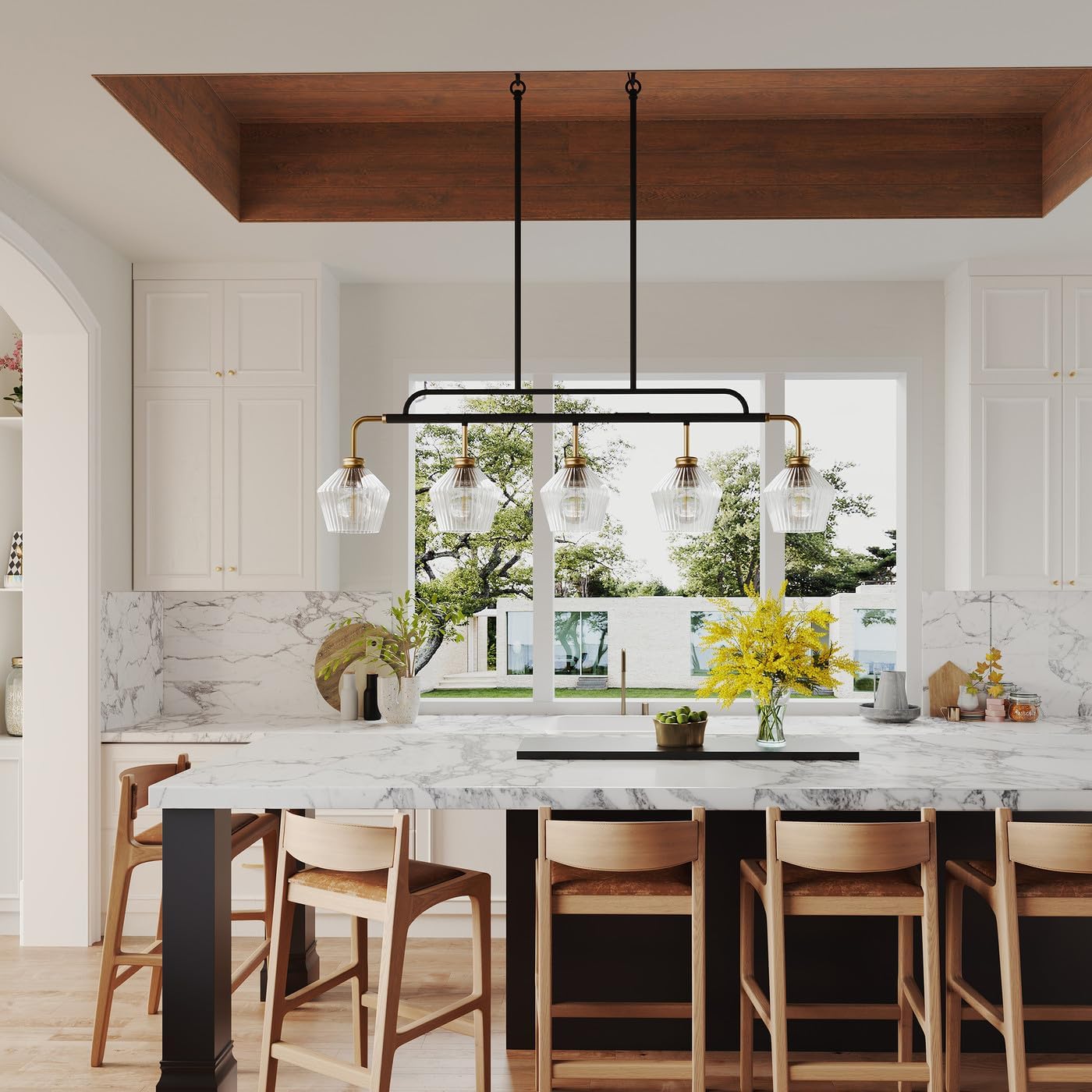 Aiwen 5-Light Dining Room Light Fixture, 43.31 in Farmhouse Linear Chandeliers with Glass Shades, Modern Industrial Black Chandelier, Pendant Light Over Table for Kitchen Island