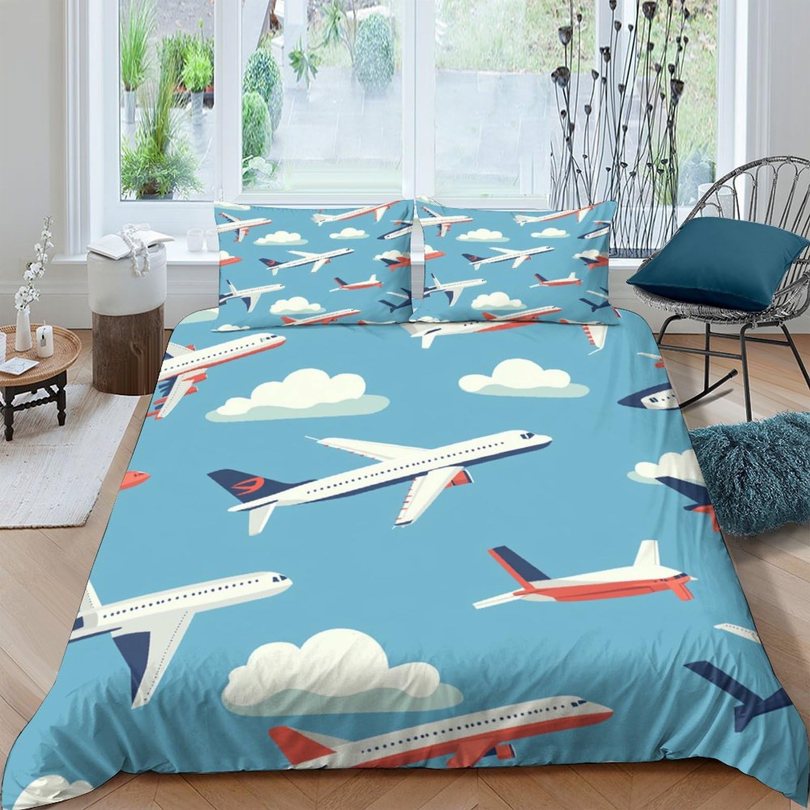 Ctjqhvkz Style-4 3D Printed Blue Sky Airplane Fitted Sheet Microfiber Soft Clouds Bed Cover For Bedroom Guest Room Protection Single（135X200cm）