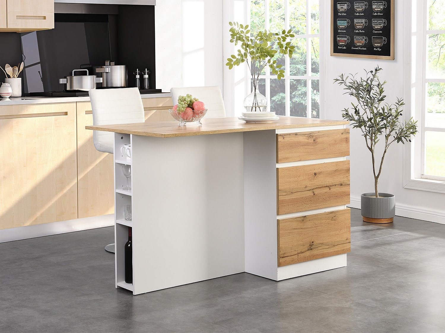 Vente-unique - Kücheninsel mit 6 Schubladen & 4 Ablagefächern aus MDF - Holzfarben hell & Weiß - POMARELA