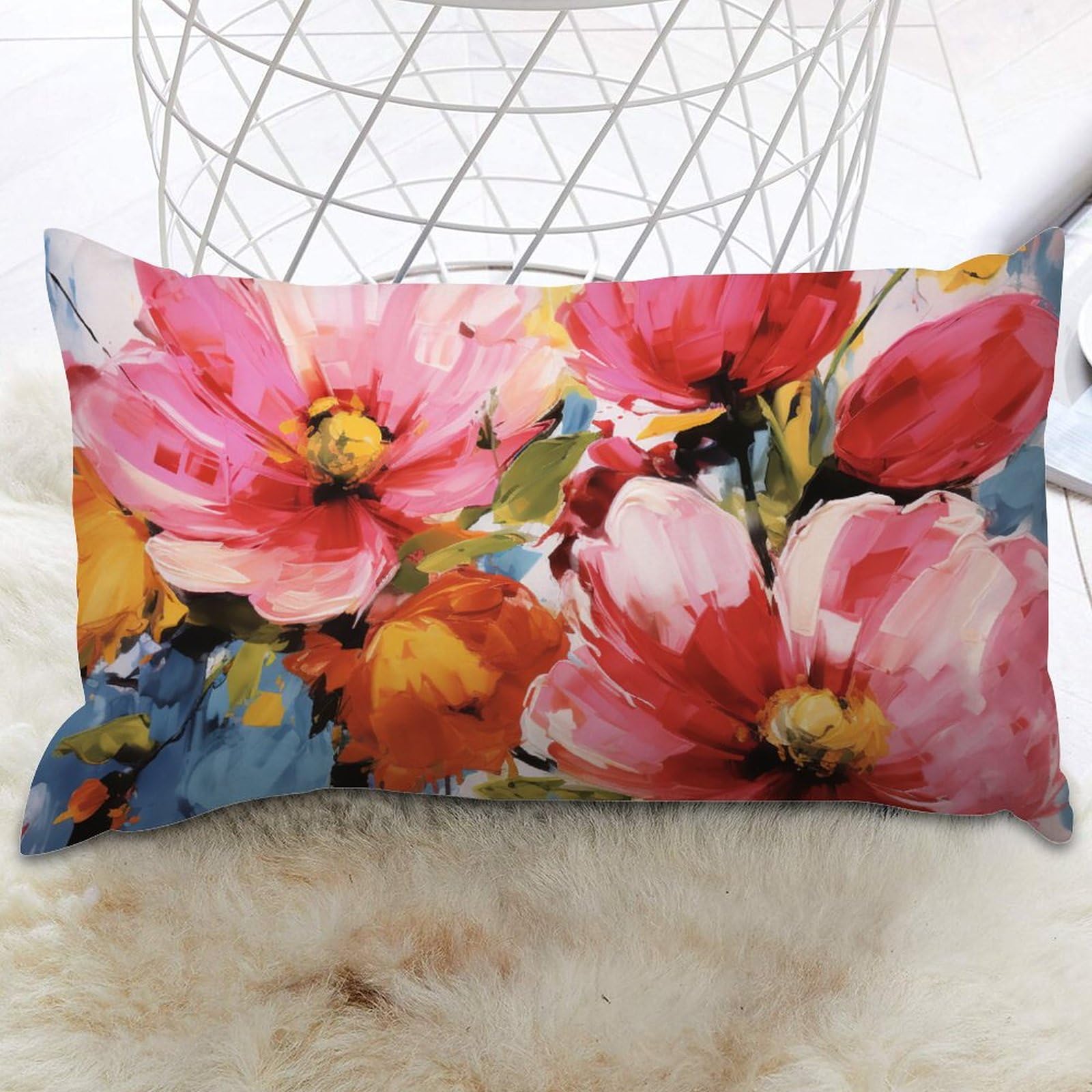 Lumbar Throw Pillow Cover Bright Floral Pink Rose Dorm Cushion Cases Blooms Flower Painting Accent Pillowcase Farmhouse Decorative Cushion Covers Home Decor For Home Room Sofa Decorations 12x20 IN