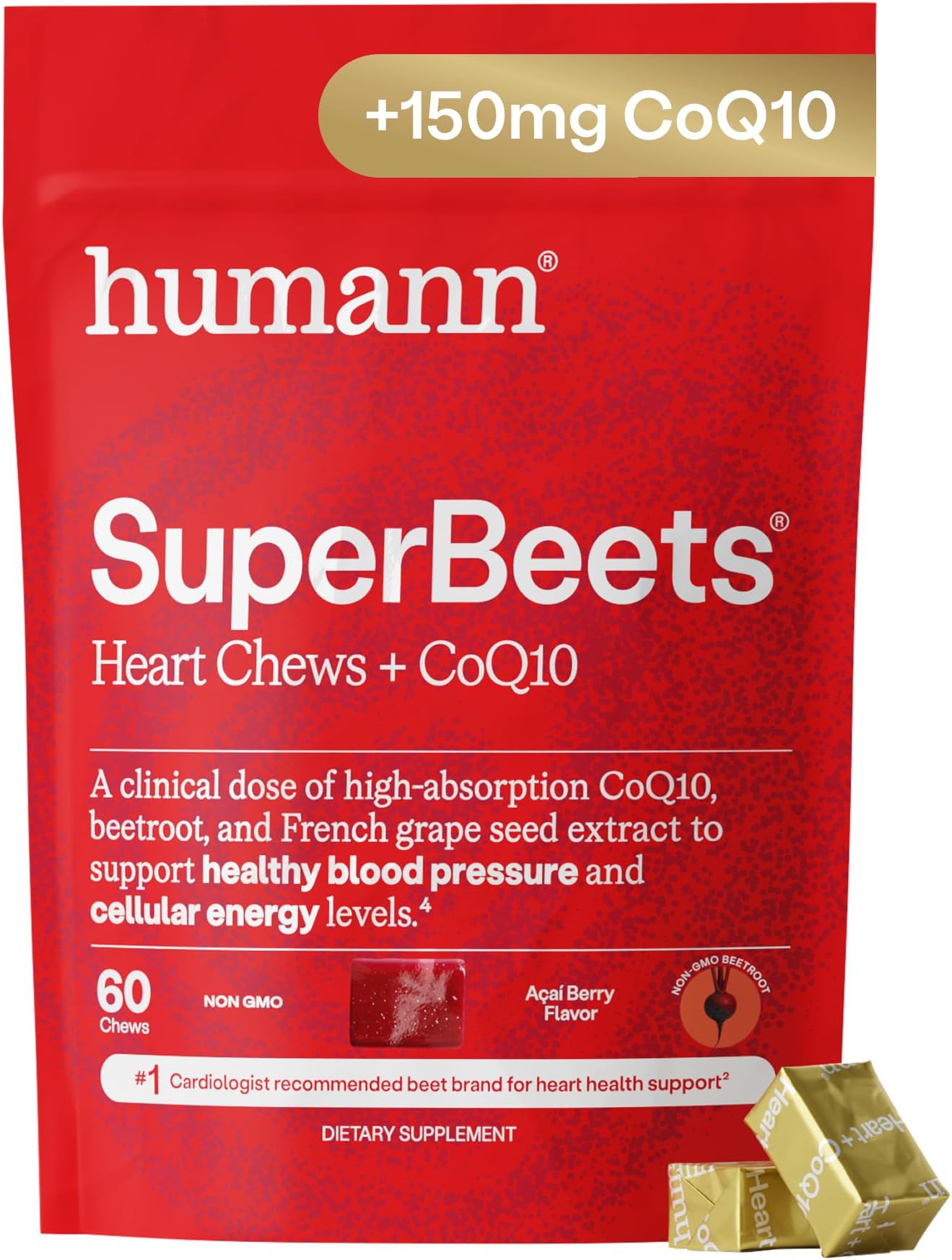 SuperBeets 5-in-1 Heart Chews + 3X Absorption 150mg CoQ10, 60 Ct | Blood Pressure Support, Nitric Oxide Support & Cellular Energy, Non-GMO Beetroot, Grape Seed Extract, Once Daily, Made in USA