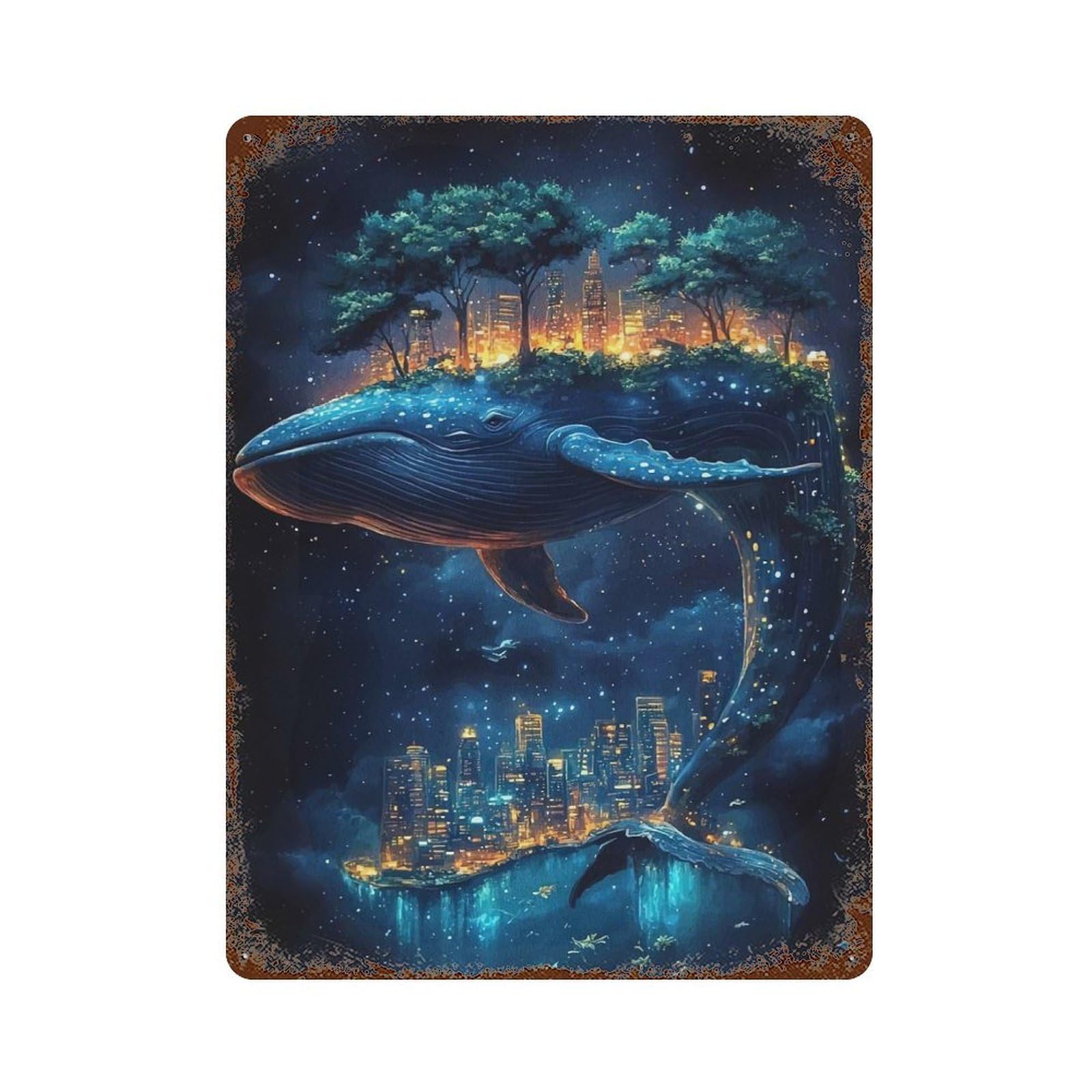 Rust Effect Tin Sign with Whale Cityscape Starry Night Design 15.7"x11.8", for Pub, Kitchen And Man Cave Decor, Industrial Home Decor