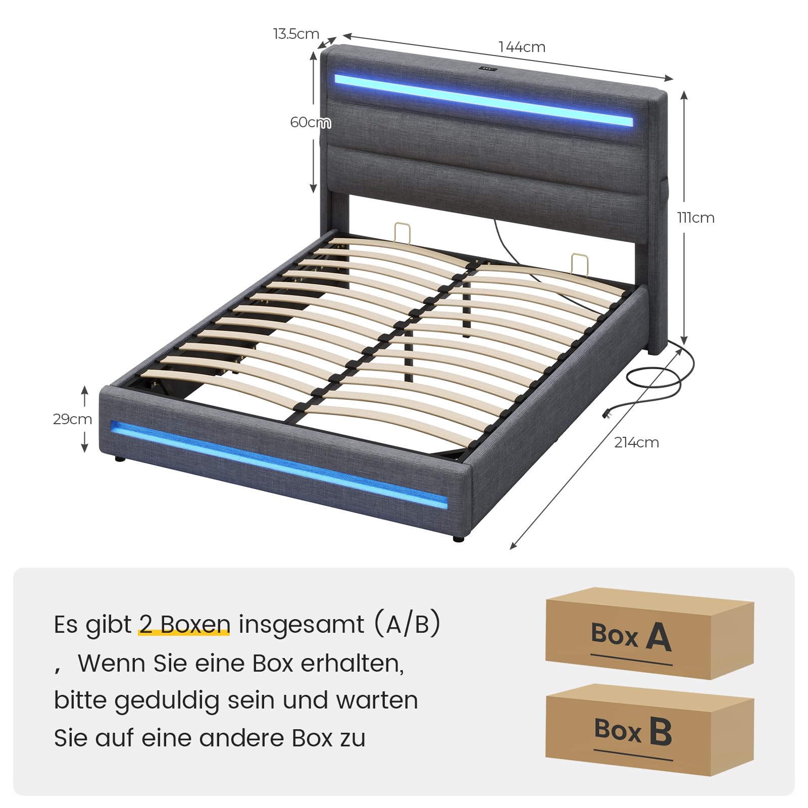 KIMENICH Bett 140X200 mit LED-Beleuchtung, Hydraulisches Bett 140x200 cm, Polsterbett Doppelbett, Bettgestell mit Stauraum und Lattenrost, Schlafzimmer, Leinenstoff Grau