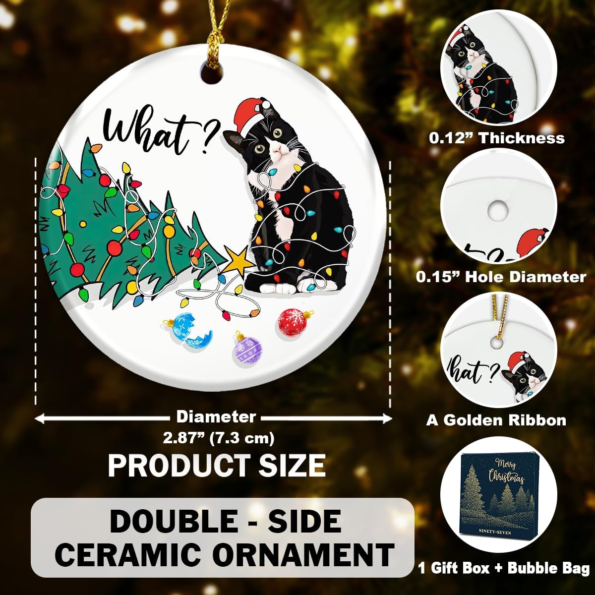 Tuxedo Cat Ornament - Meowy Christmas Ornament - Christmas Holiday Decor, Gifts for Cat Mama - Christmas Tree Decoration Ceramic Ornaments - Christmas Ornament 2025 image 2