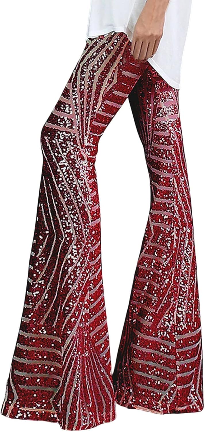 Women's Glitter Sequin Wide Leg Palazzo Pants High Waist Bell Bottoms Party Flared Trousers