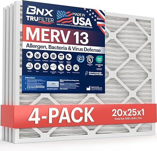 BNX TruFilter MERV 13 - Filtro de aire plisado electrostático de 20 x 25 x 1 pulgadas, fabricado en Estados Unidos, filtros de aire acondicionado