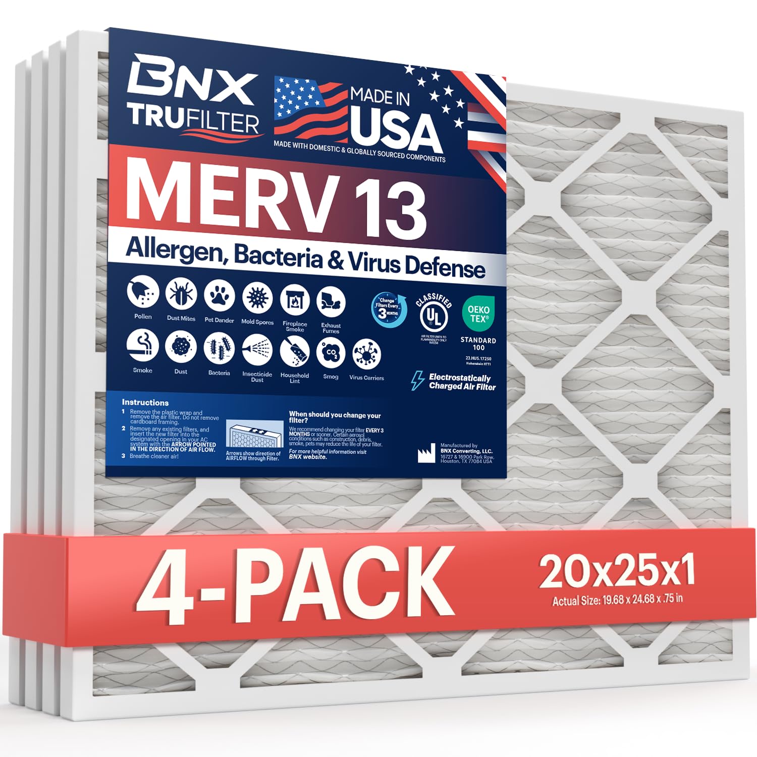 BNX TruFilter 20x25x1 MERV 13 (4-Pack) AC Furnace Air Filter,MADE IN USA,Electrostatic Pleated Air Conditioner HVAC AC Furnace Filters, Bacteria, Smoke (Actual Size: 19 11/16’’x24 11/16’’x3/4‘’)