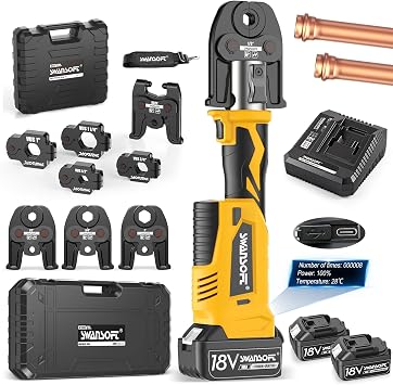SWANSOFT Pro Press Tool with Press Rings Kit, 18V Electric Crimping Tool for Copper Pipes & 3Pcs US Compact VUS 1/2", 3/4, 1", 4Pcs Press Rings 1/2" To 1-1/4", 180Rotating Actuator,2Pcs 4Ah Battery