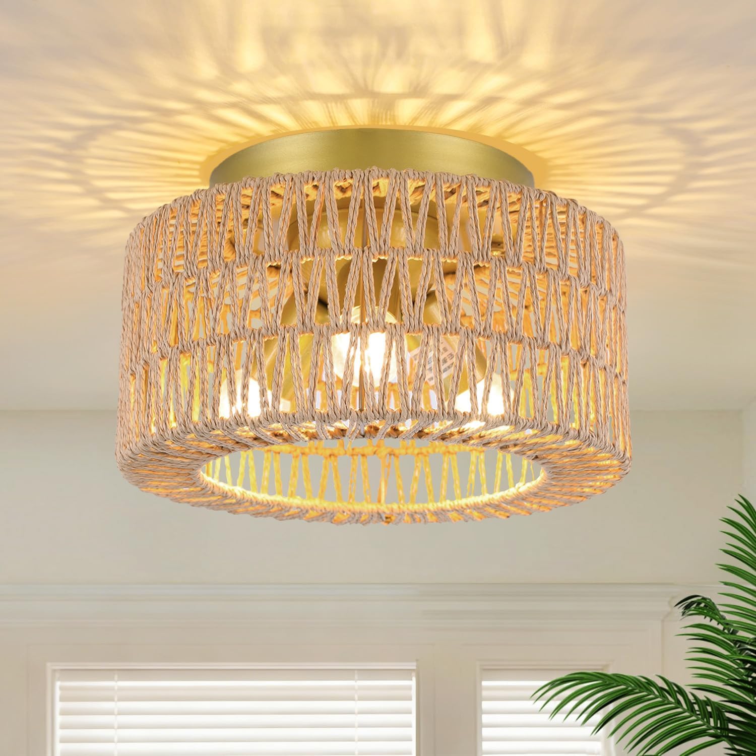 Rattan 3-Light Ceiling Light Fixture, Boho Flush Mount Ceiling Light, Modern Ceiling Light with Hand-Woven Shade for Bedroom Living Room Enterway Foyer