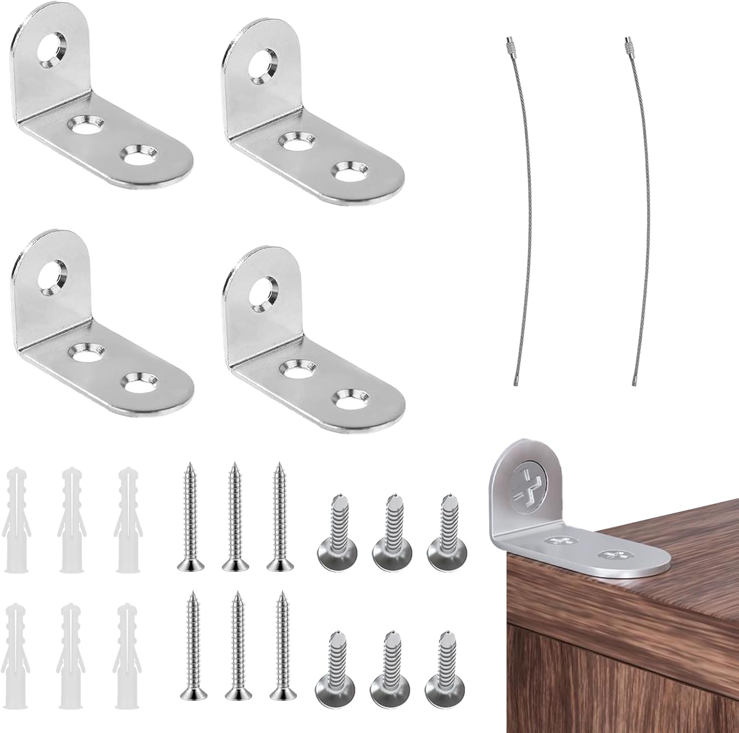 24 Pcs Furniture Anchors,Anti-Fall Wardrobe Wall Safety Fixings,Safety Stainless Steel Furniture Wall Anchors,Baby Proofing Metal Anti-Tip Furniture Straps kit for Baby Pet Proofing Safety