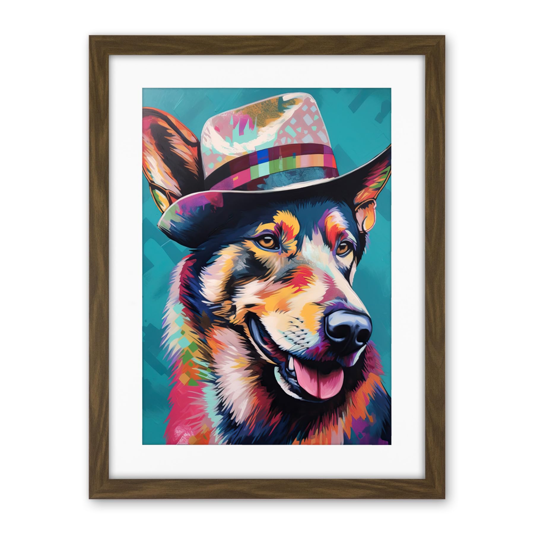 Artery8 German Shepherd with Fedora Hat Vibrant Portrait Artwork Framed Wall Art Print 18X24 Inch