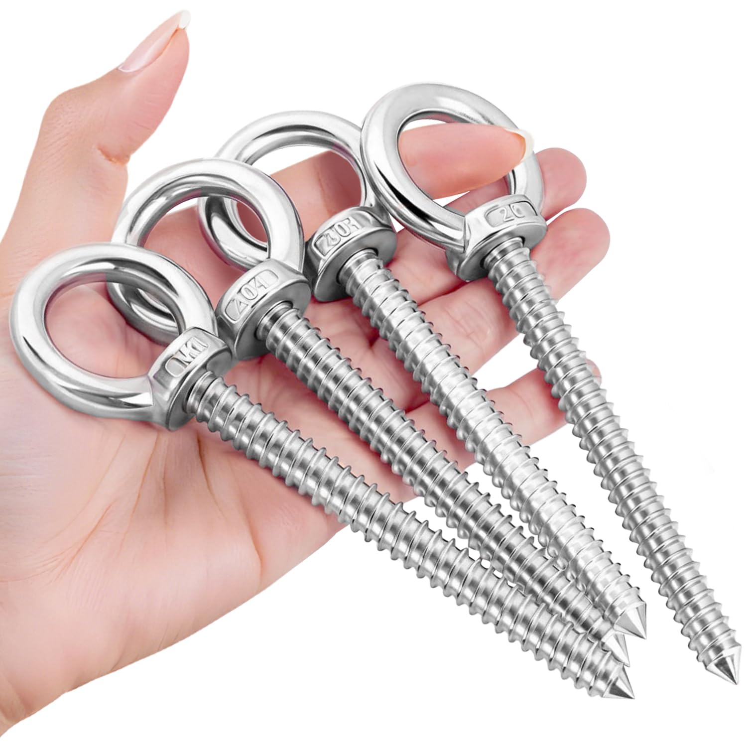 Verazquy 4 Pcs Heavy Duty Eye Hooks Screw, Eye Bolt M10 304 Stainless Steel Self-Tapping Screw